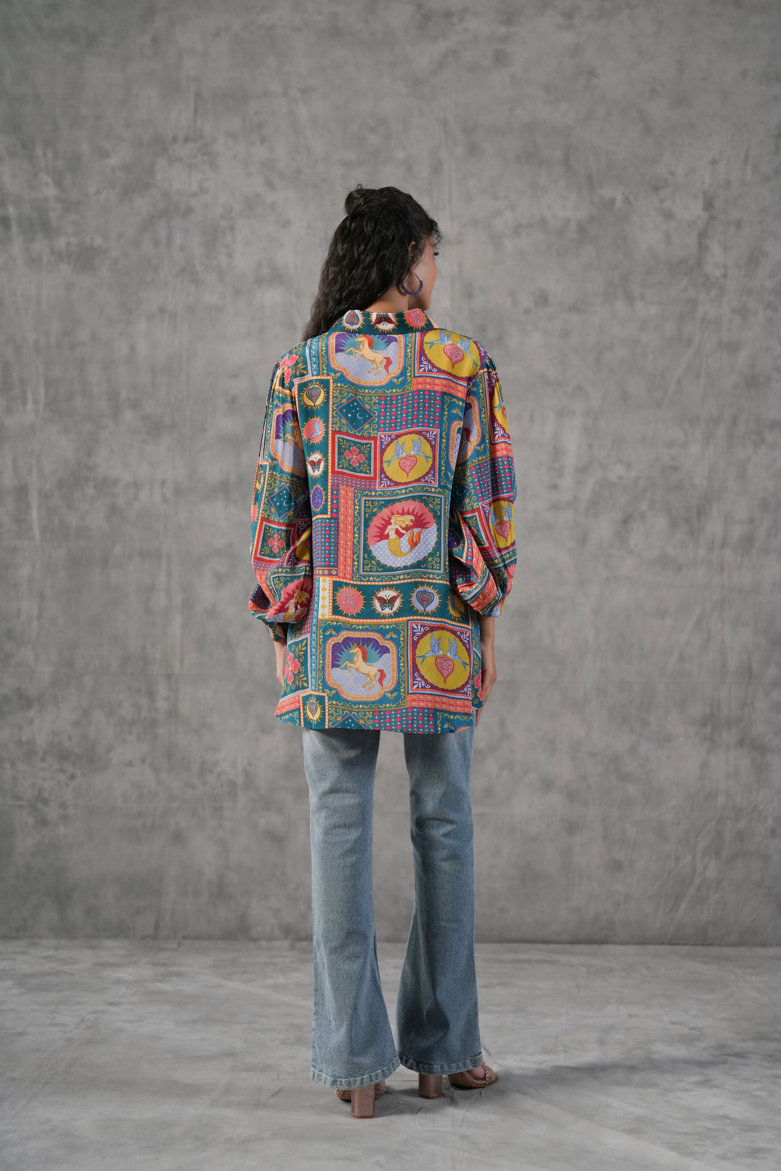 Teal Multicolor Printed Crepe Silk Shirt
