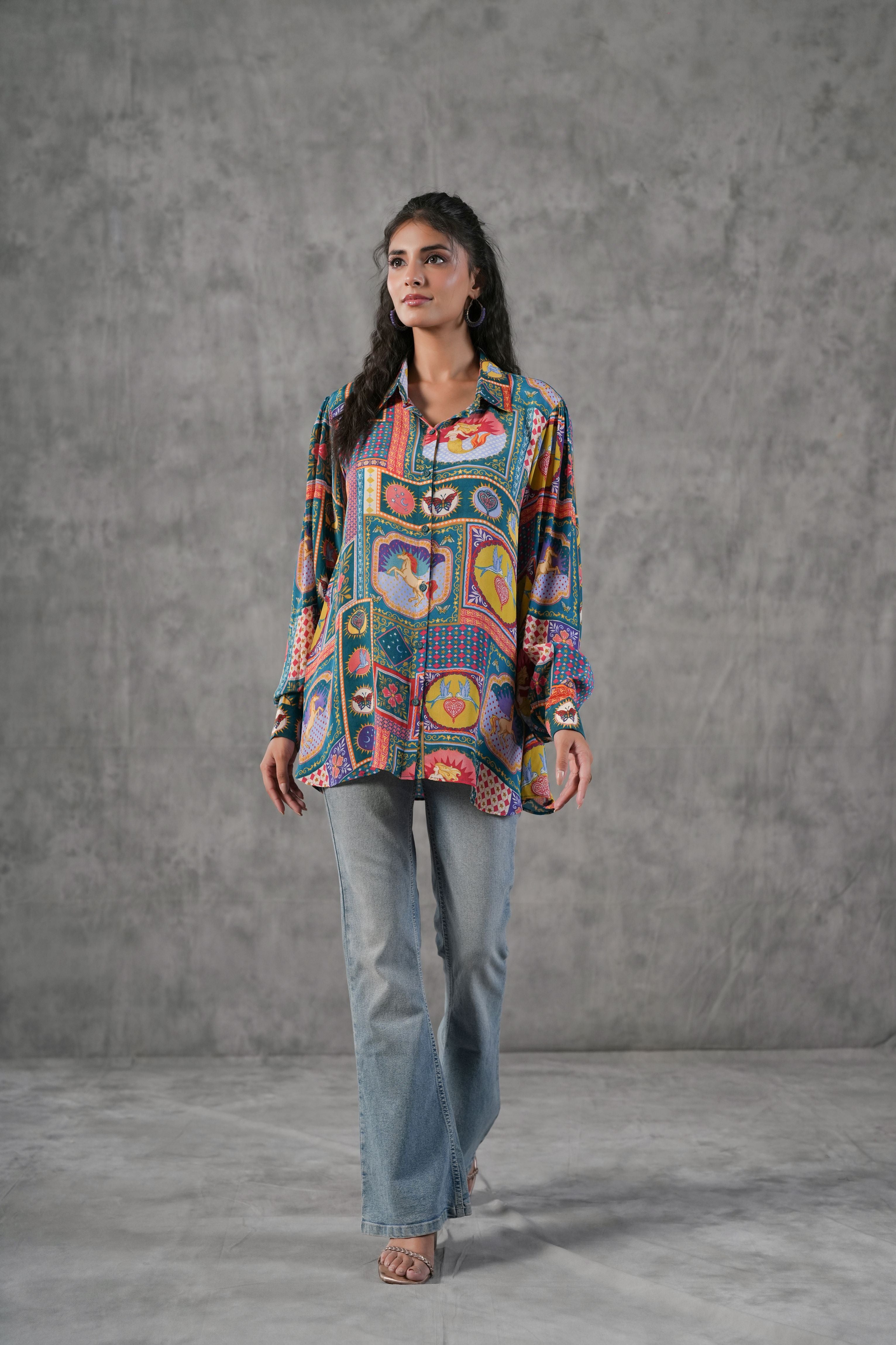 Teal Multicolor Printed Crepe Silk Shirt