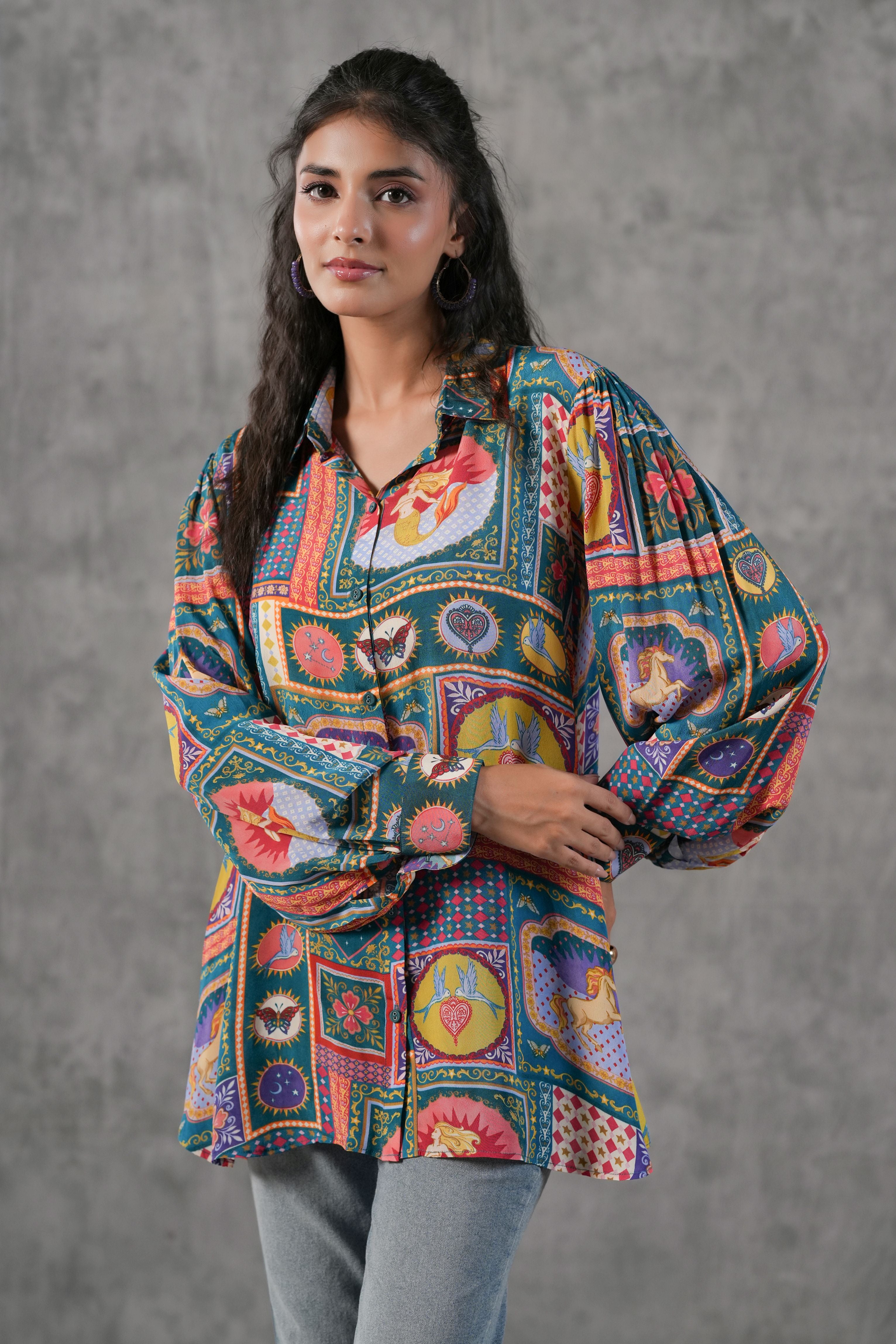 Teal Multicolor Printed Crepe Silk Shirt