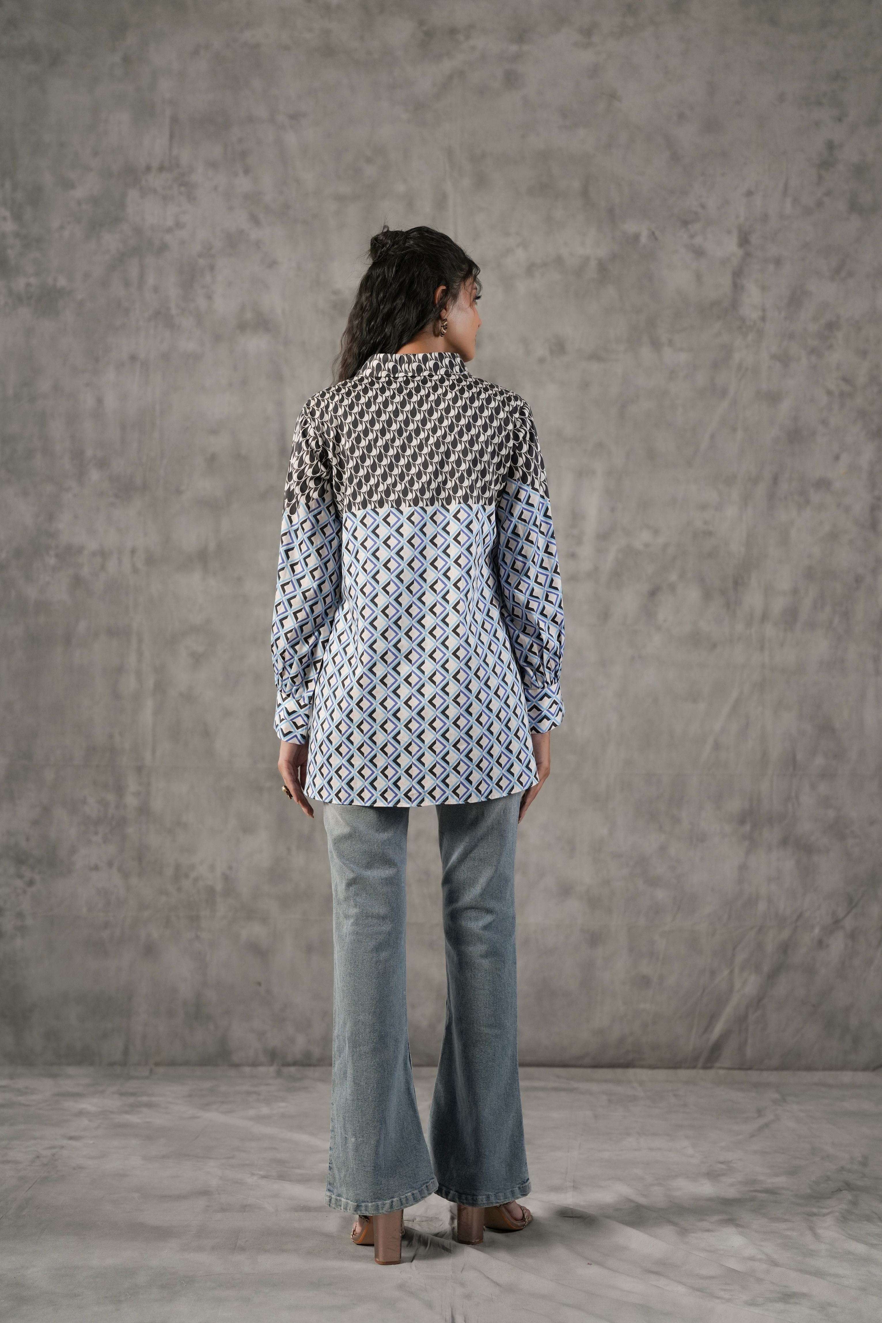 Sky Blue Geometric Printed Cotton Shirt