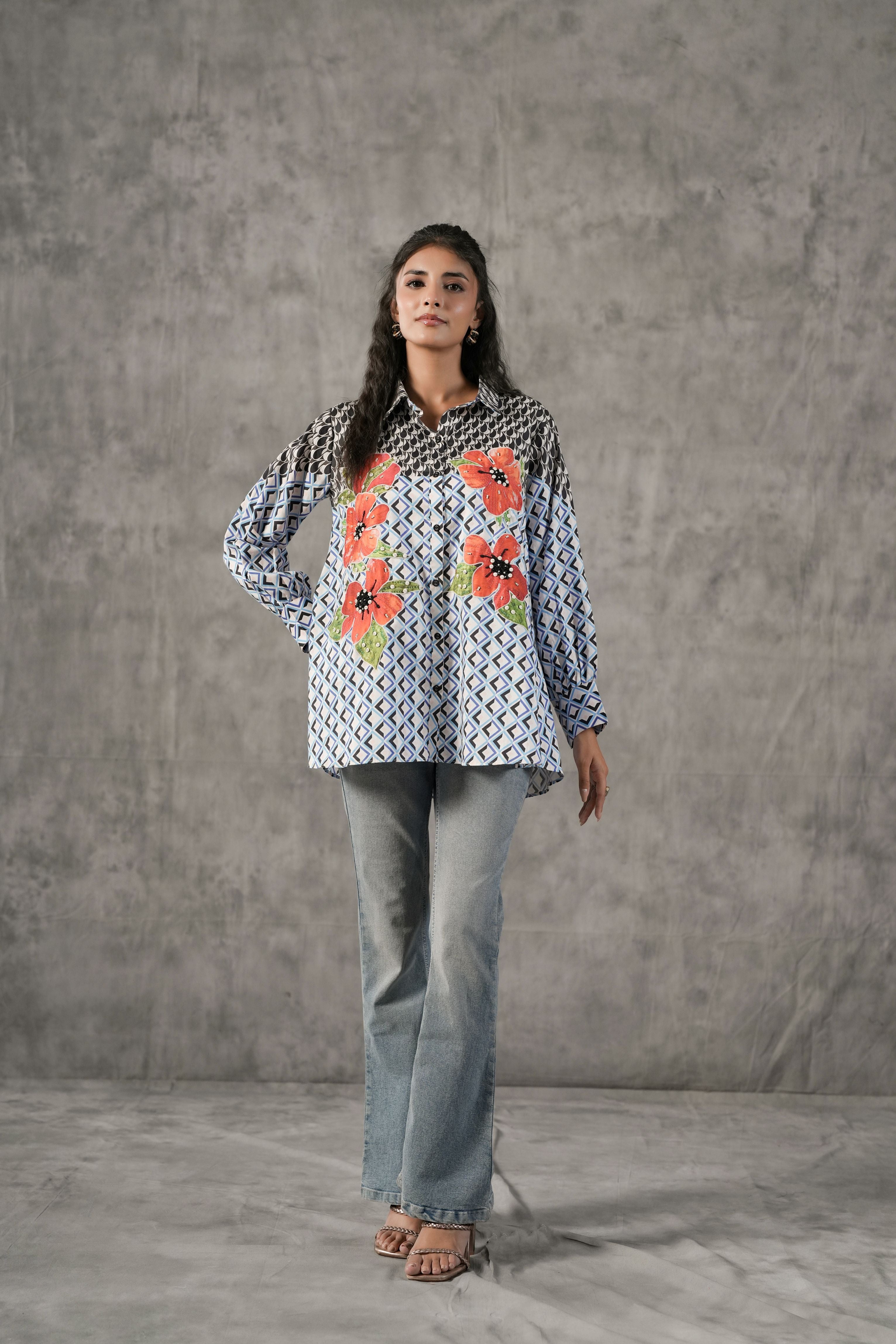 Sky Blue Geometric Printed Cotton Shirt