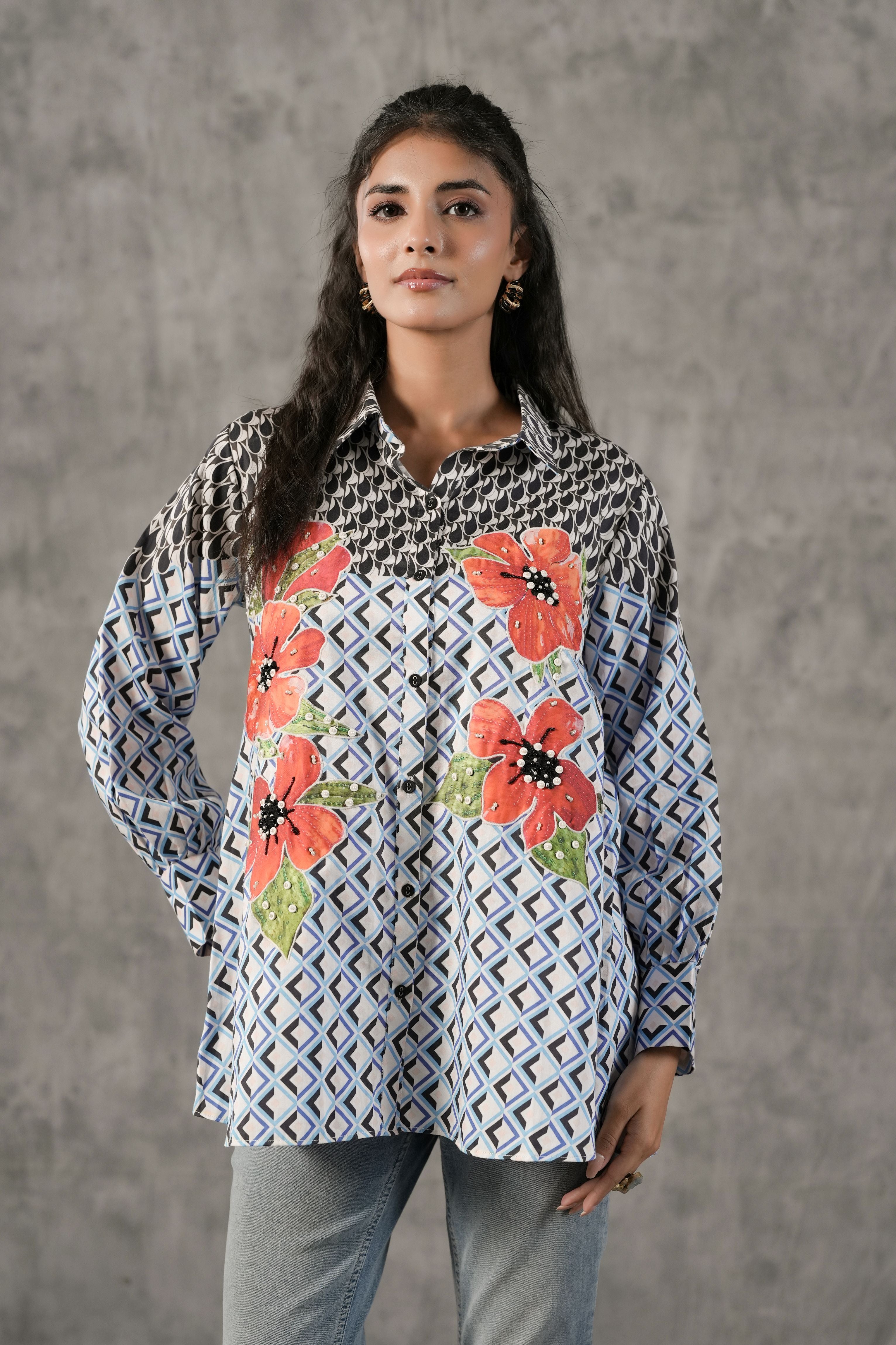 Sky Blue Geometric Printed Cotton Shirt