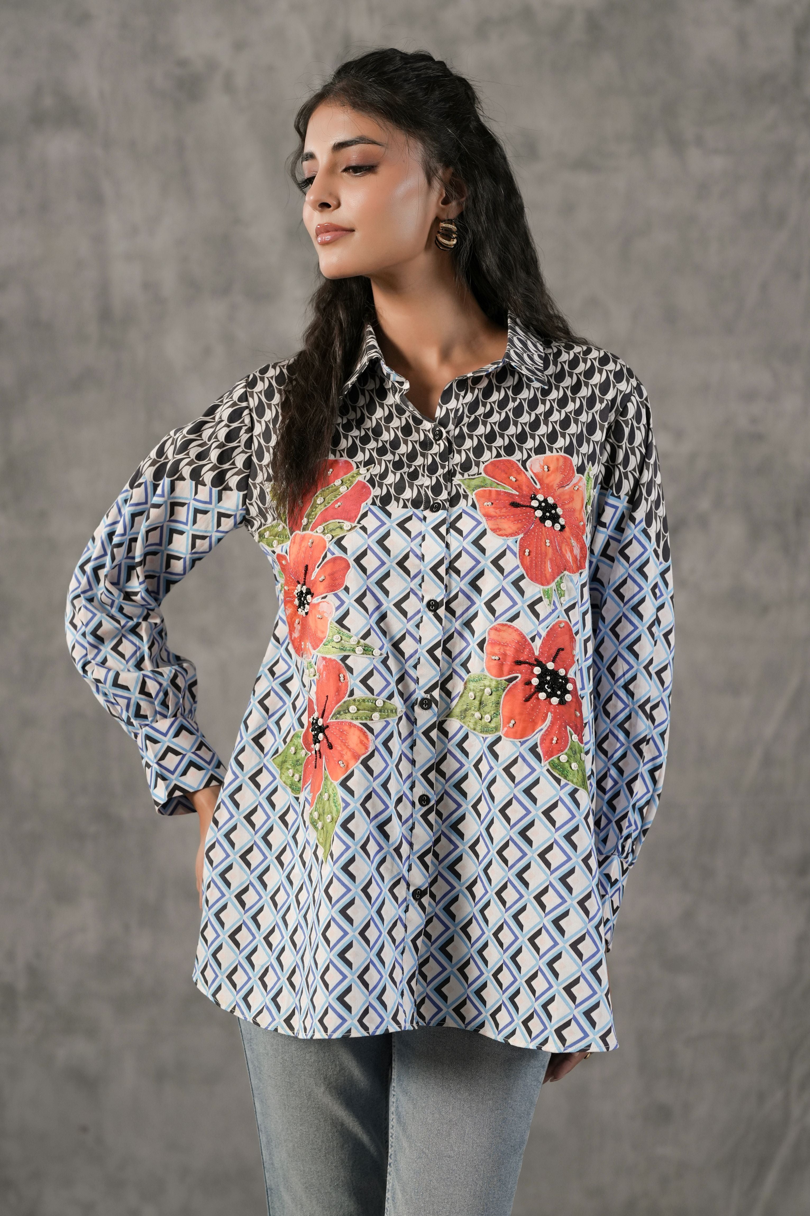 Sky Blue Geometric Printed Cotton Shirt