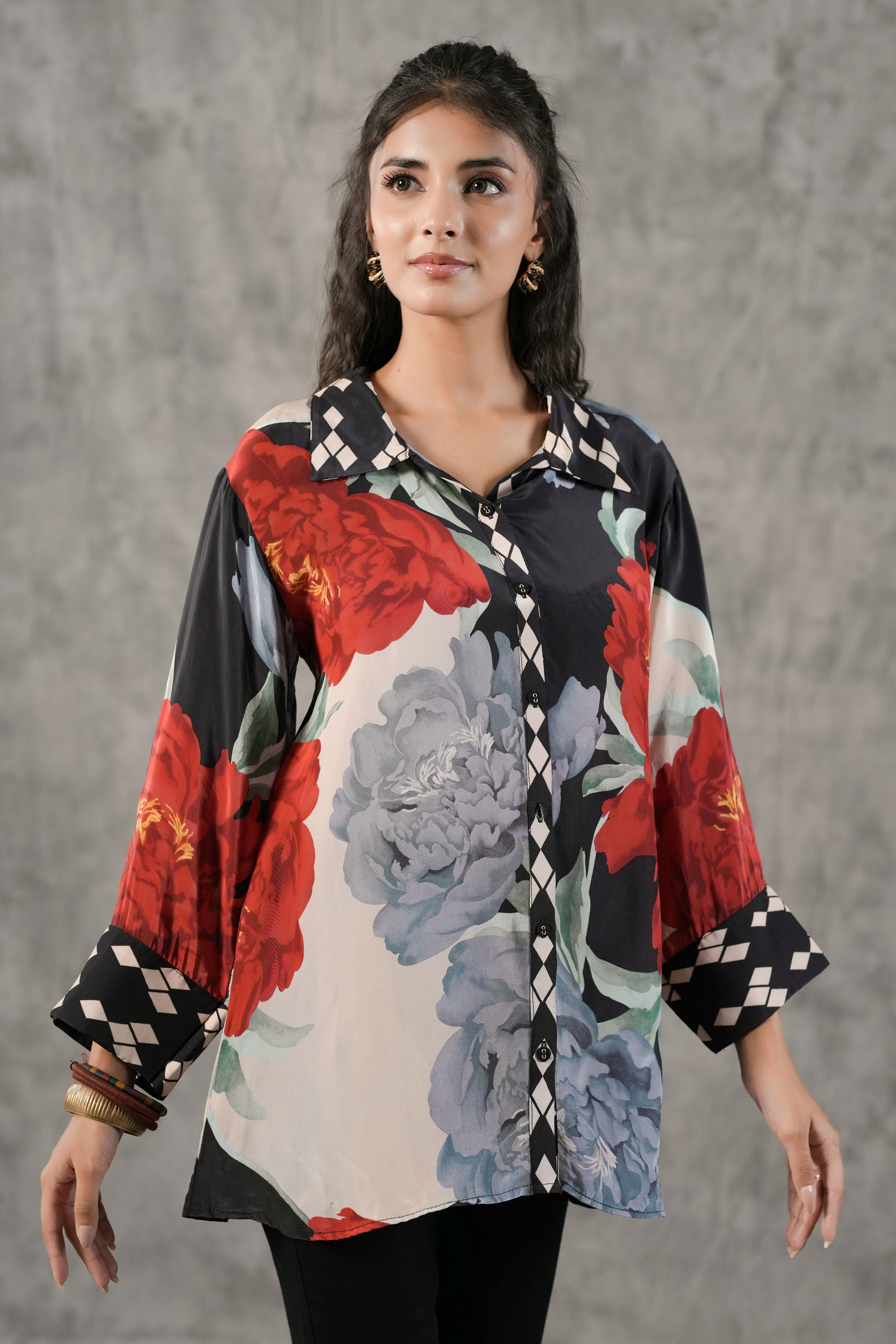 Scarlet Black Printed Crepe Silk Shirt