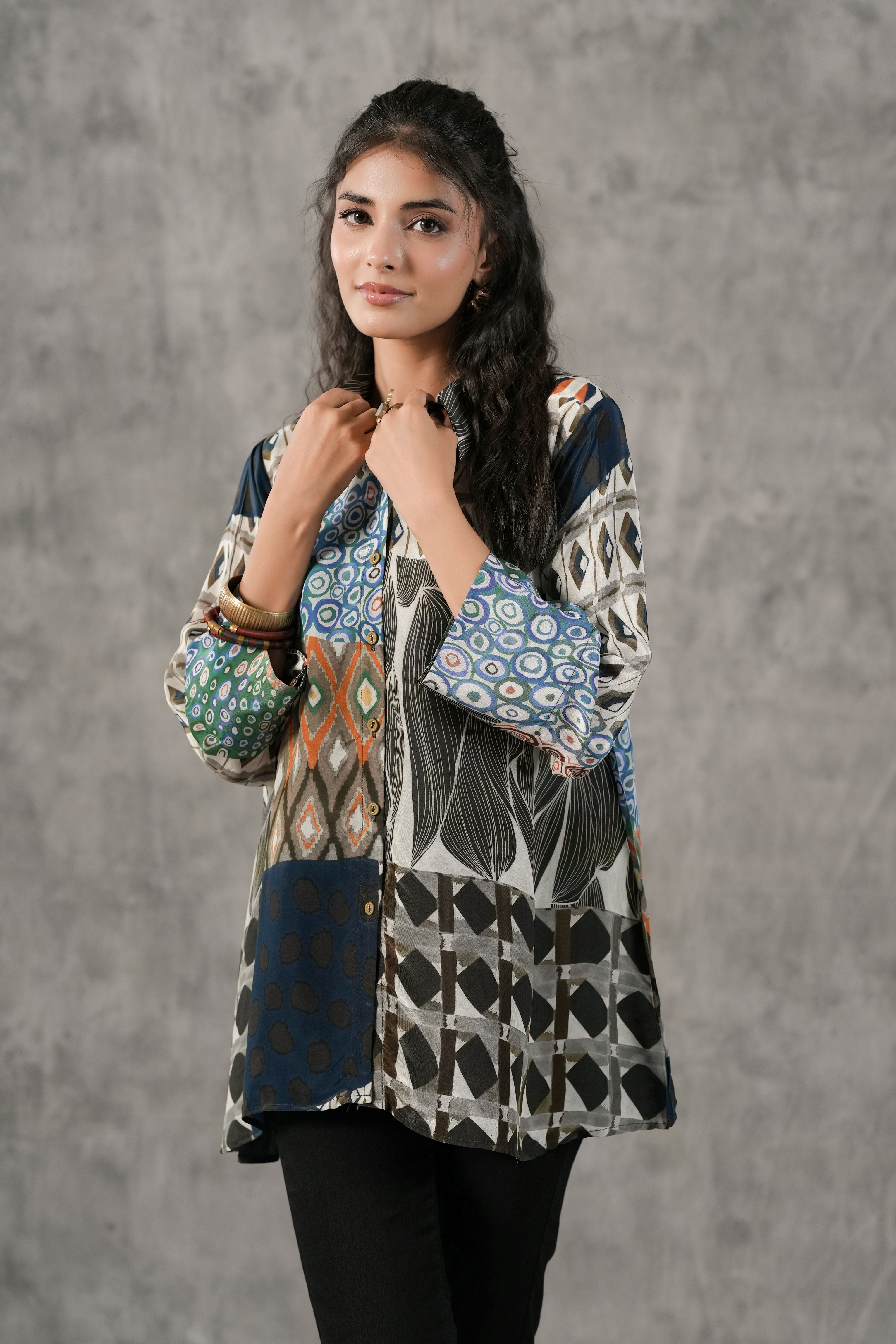 Onyx Black Printed Crepe Silk Shirt
