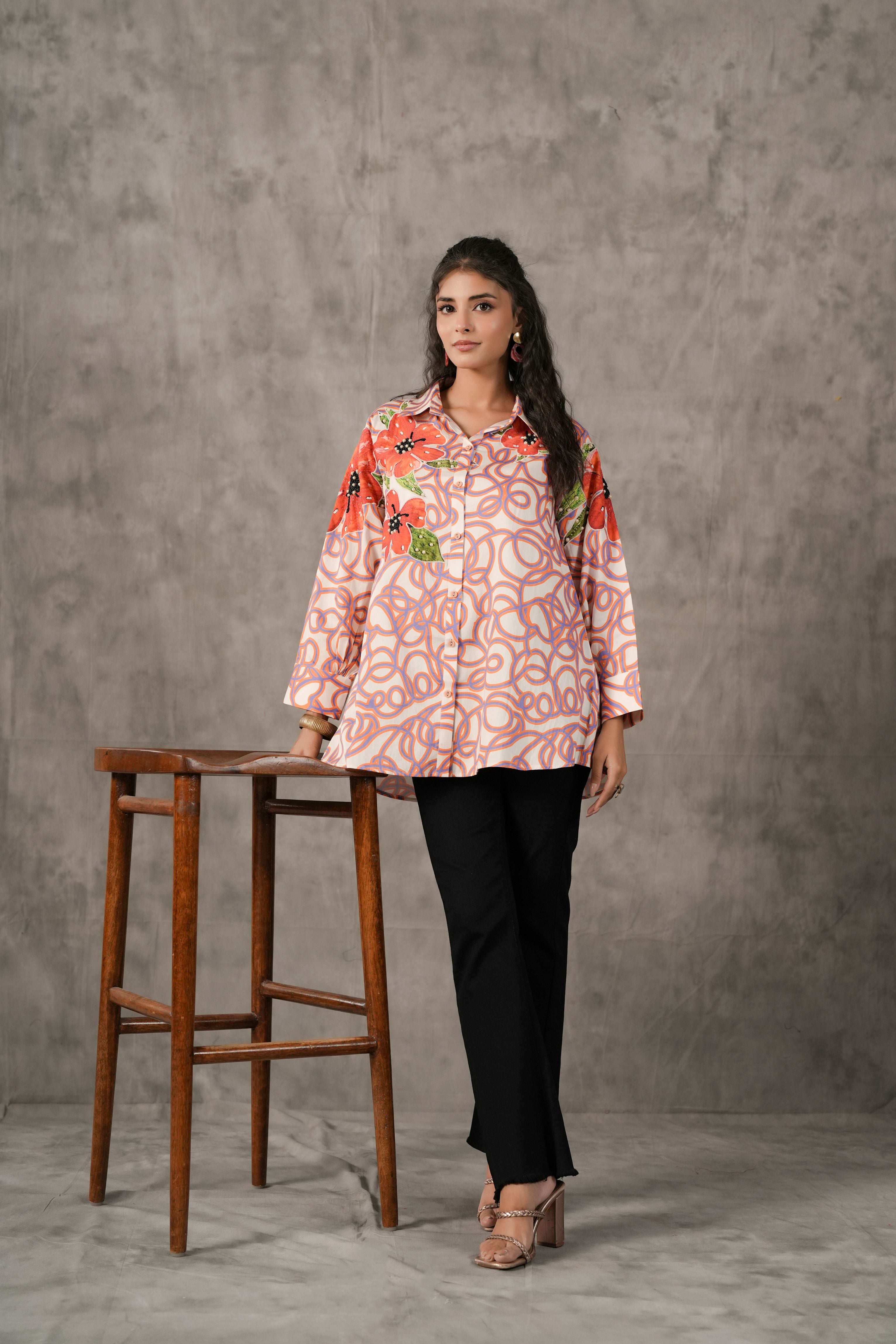 Blush Coral Swirl Printed Cotton Shirt