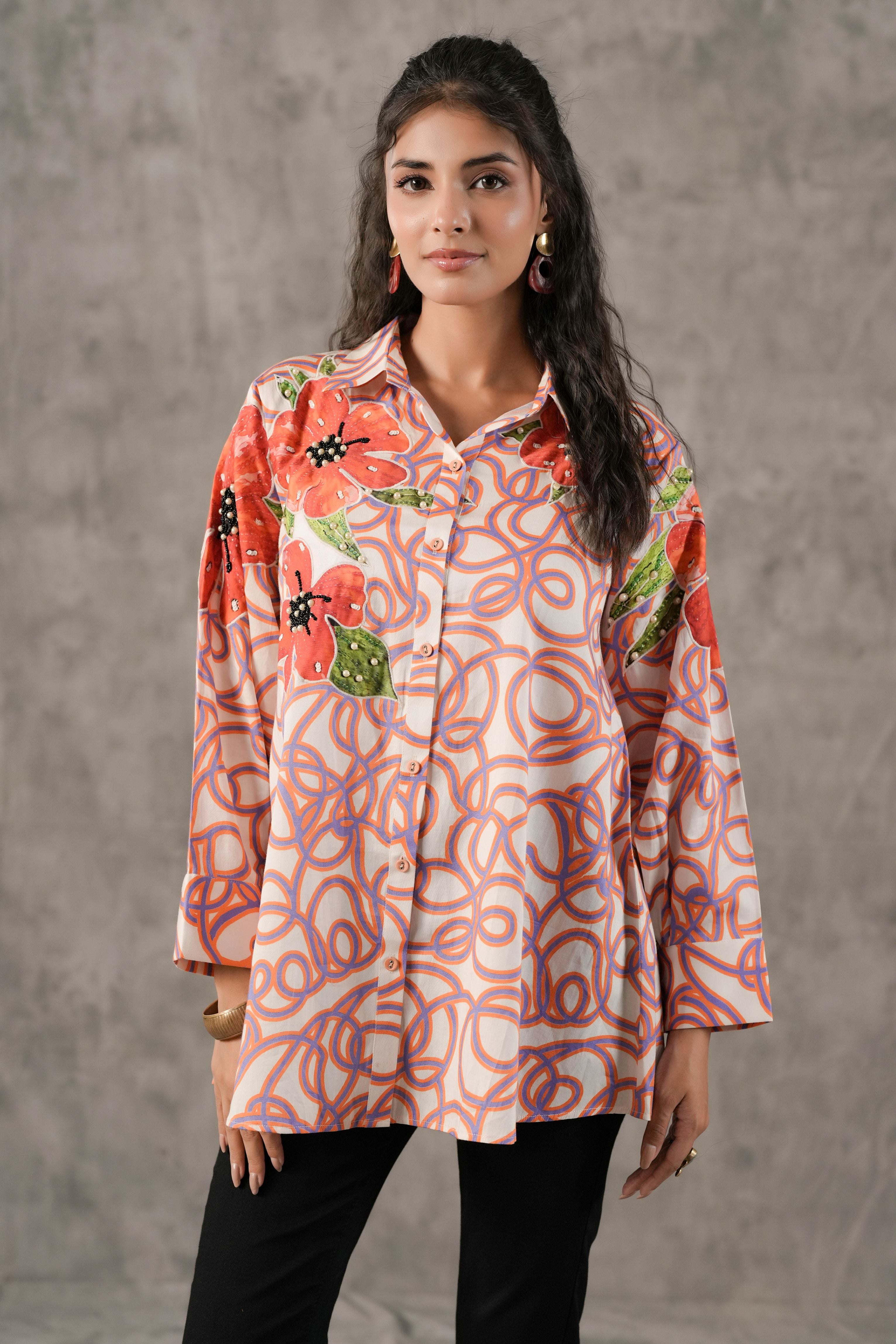 Blush Coral Swirl Printed Cotton Shirt