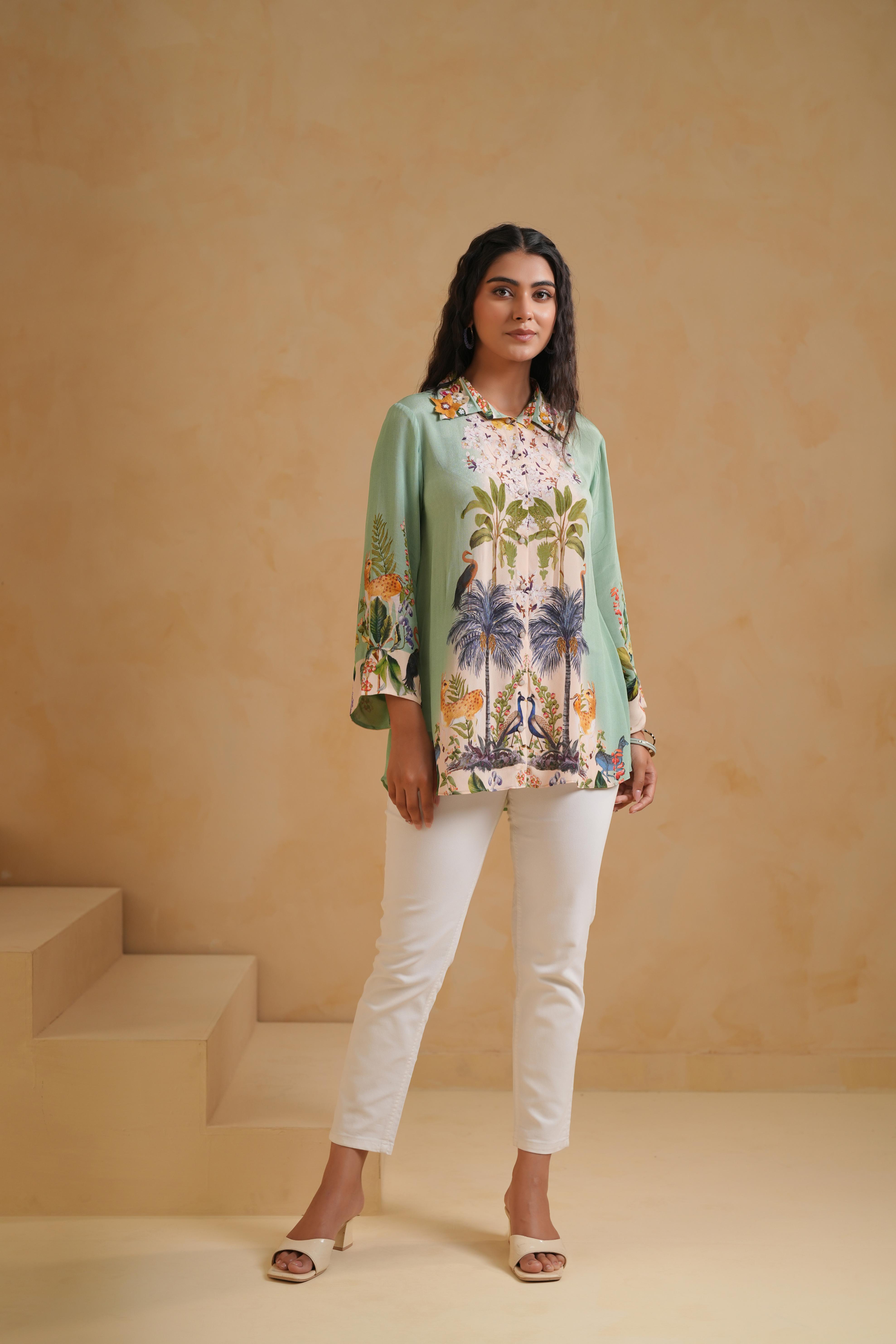Soft Mint Green Printed Viscose Crepe Top
