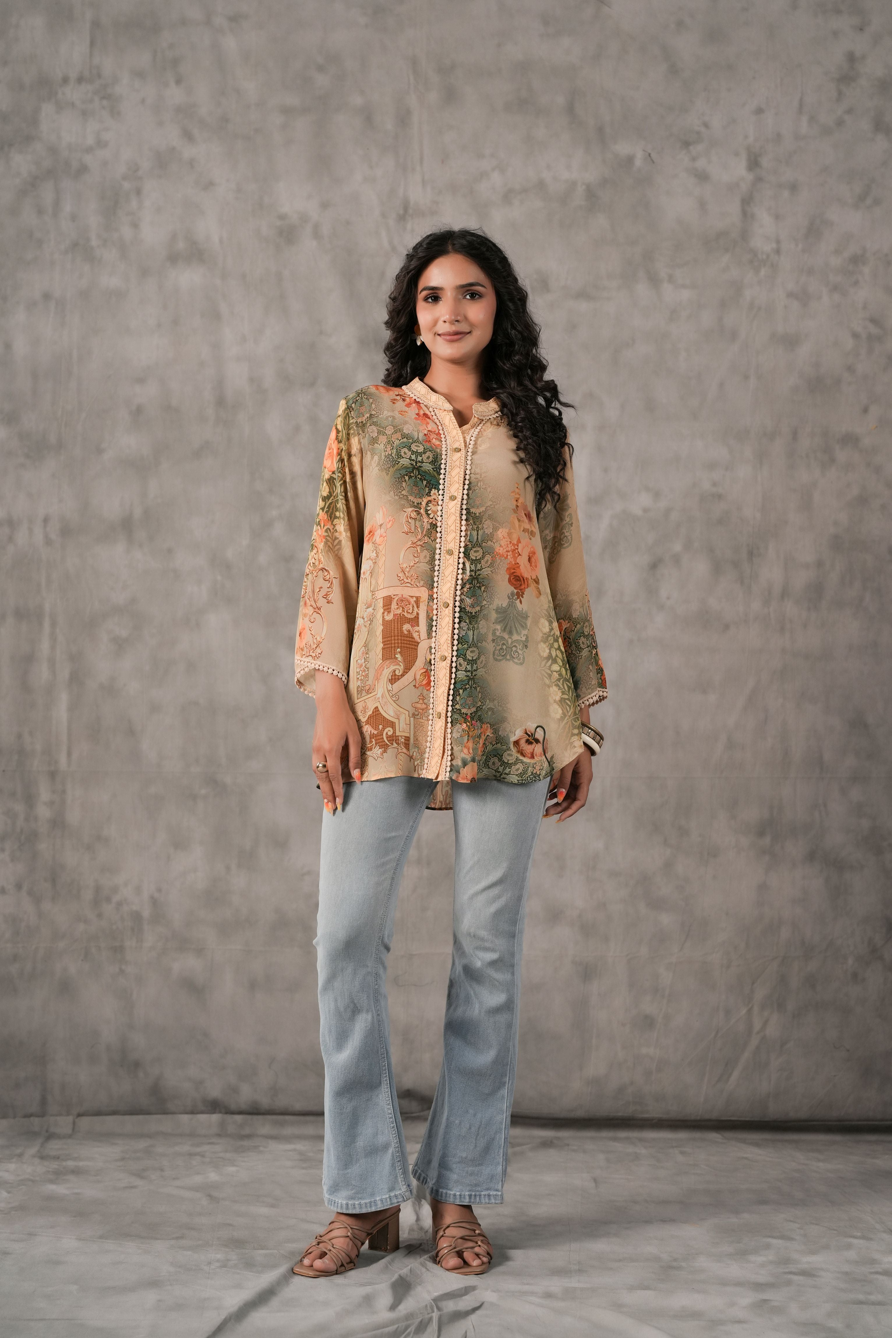 Sand Beige Printed Crepe Silk Shirt