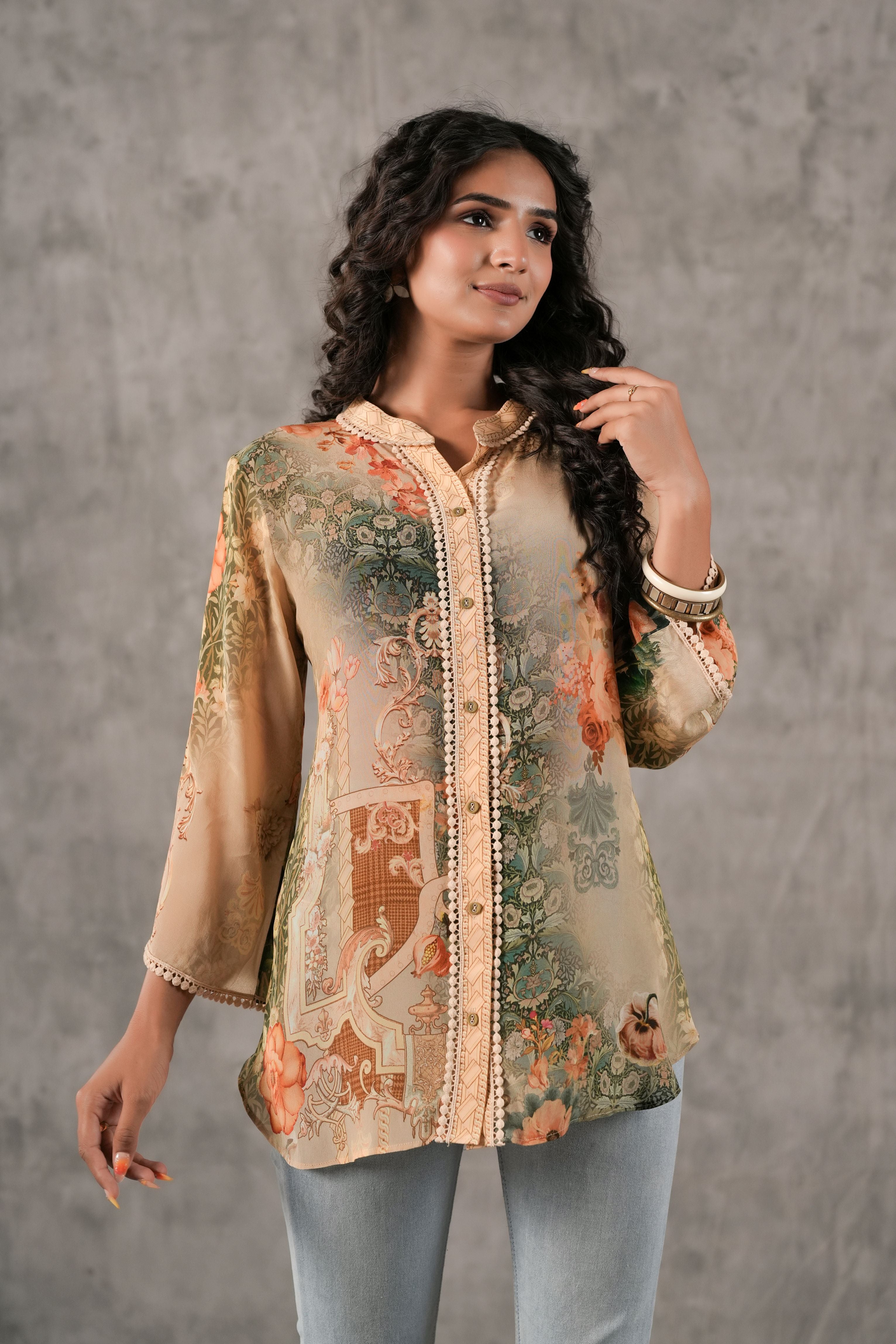 Sand Beige Printed Crepe Silk Shirt