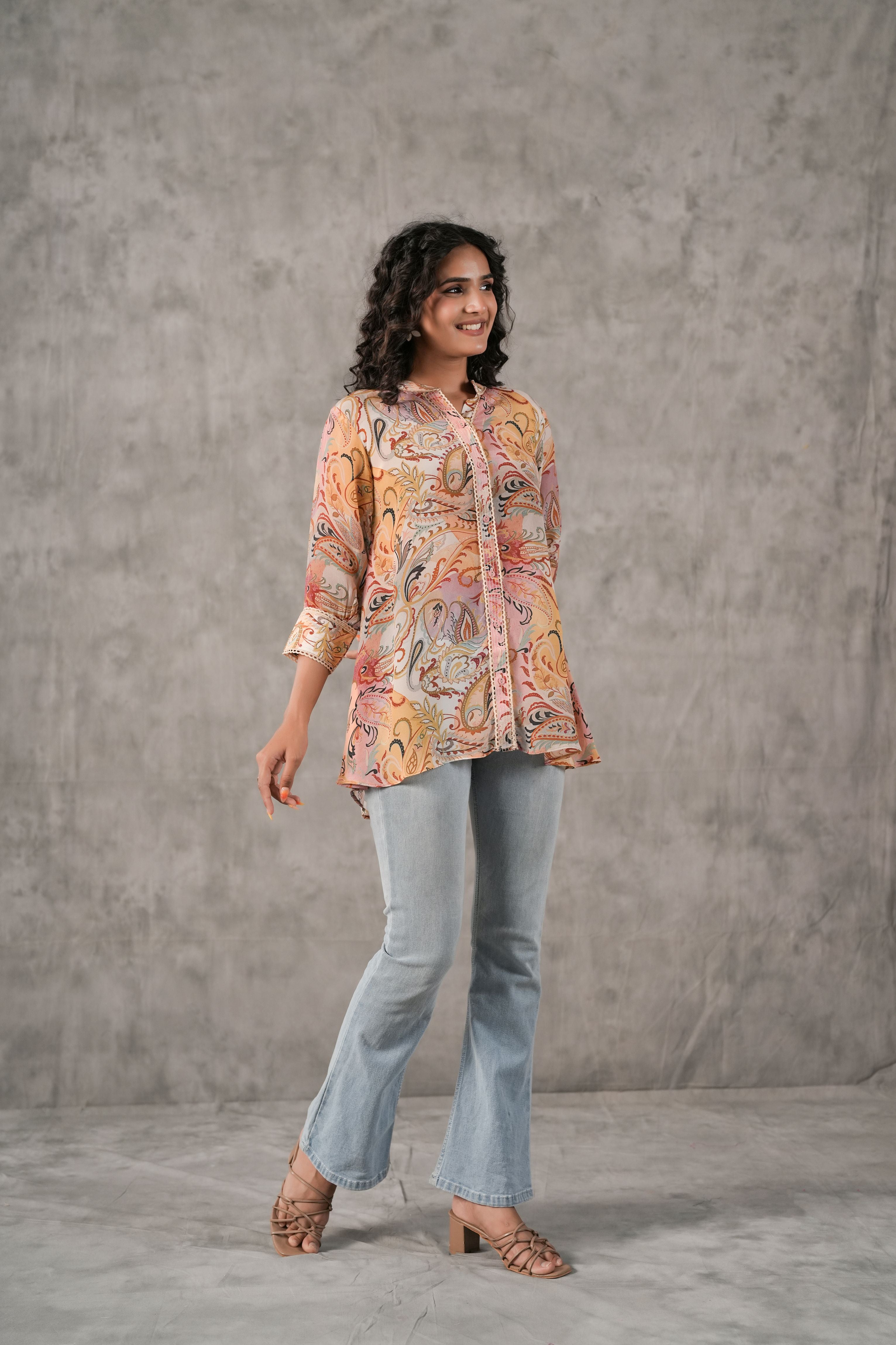 Multi Paisley Printed Crepe Silk Shirt