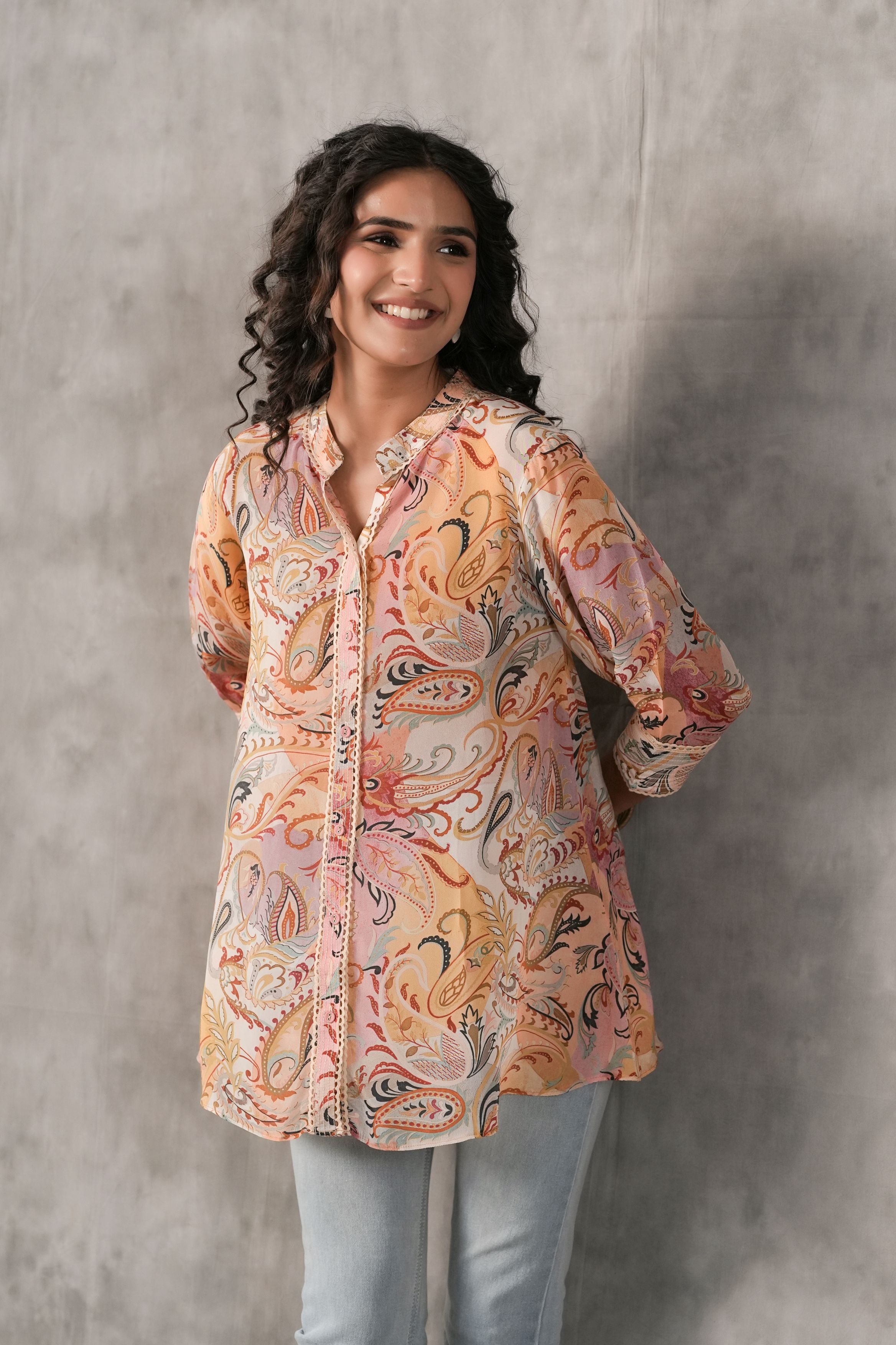 Multi Paisley Printed Crepe Silk Shirt