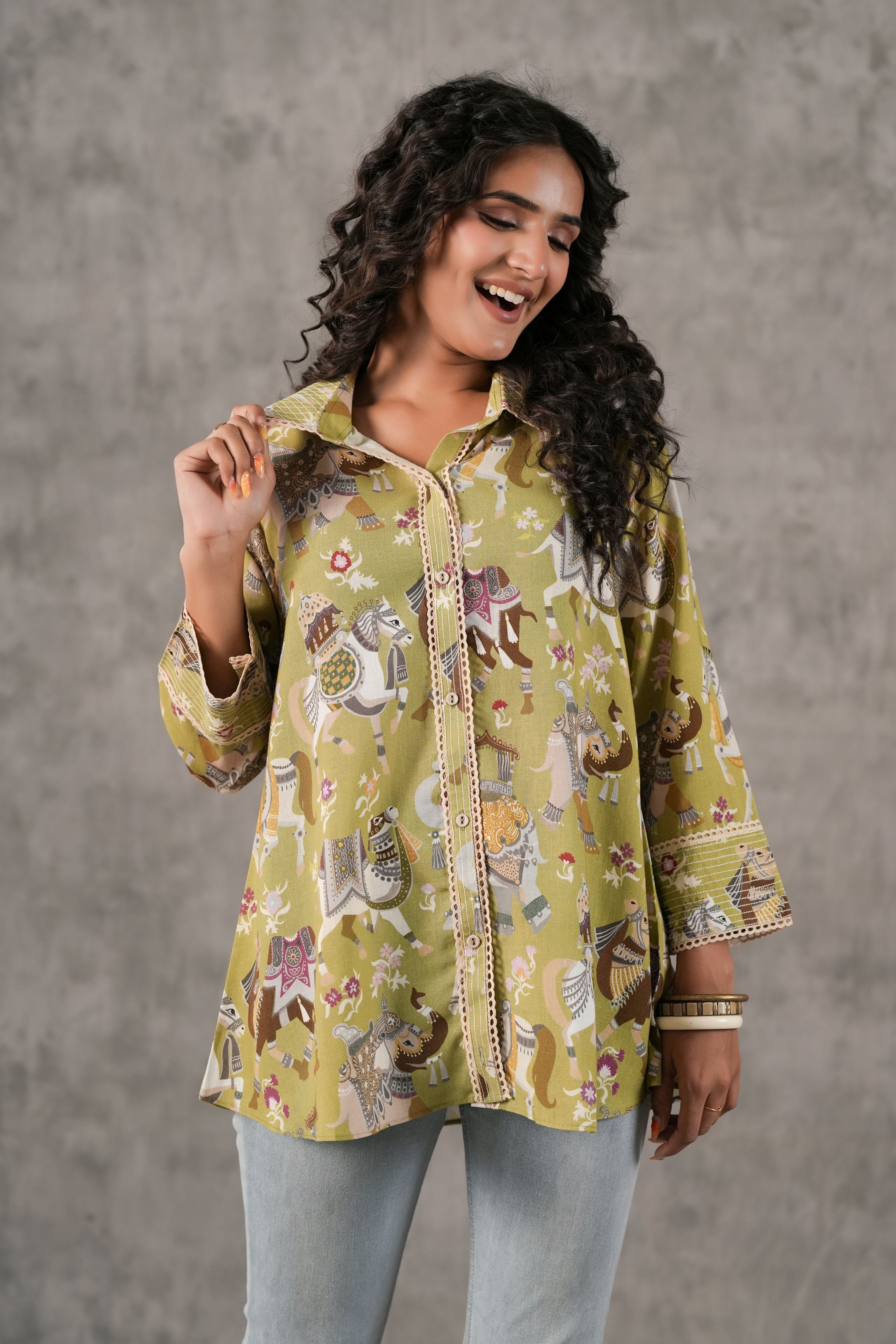 Pastel Green Printed Linen Shirt