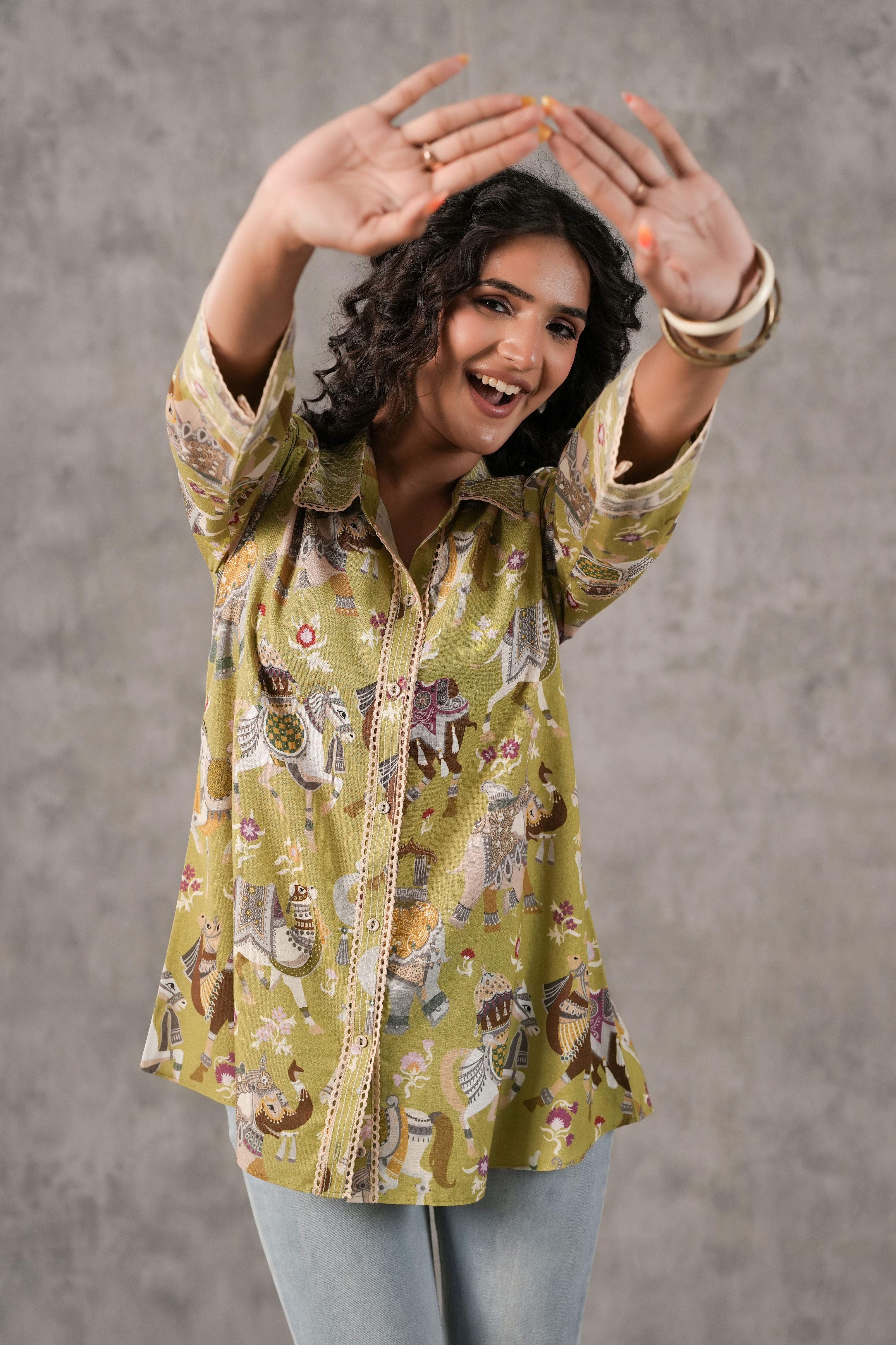 Pastel Green Printed Linen Shirt