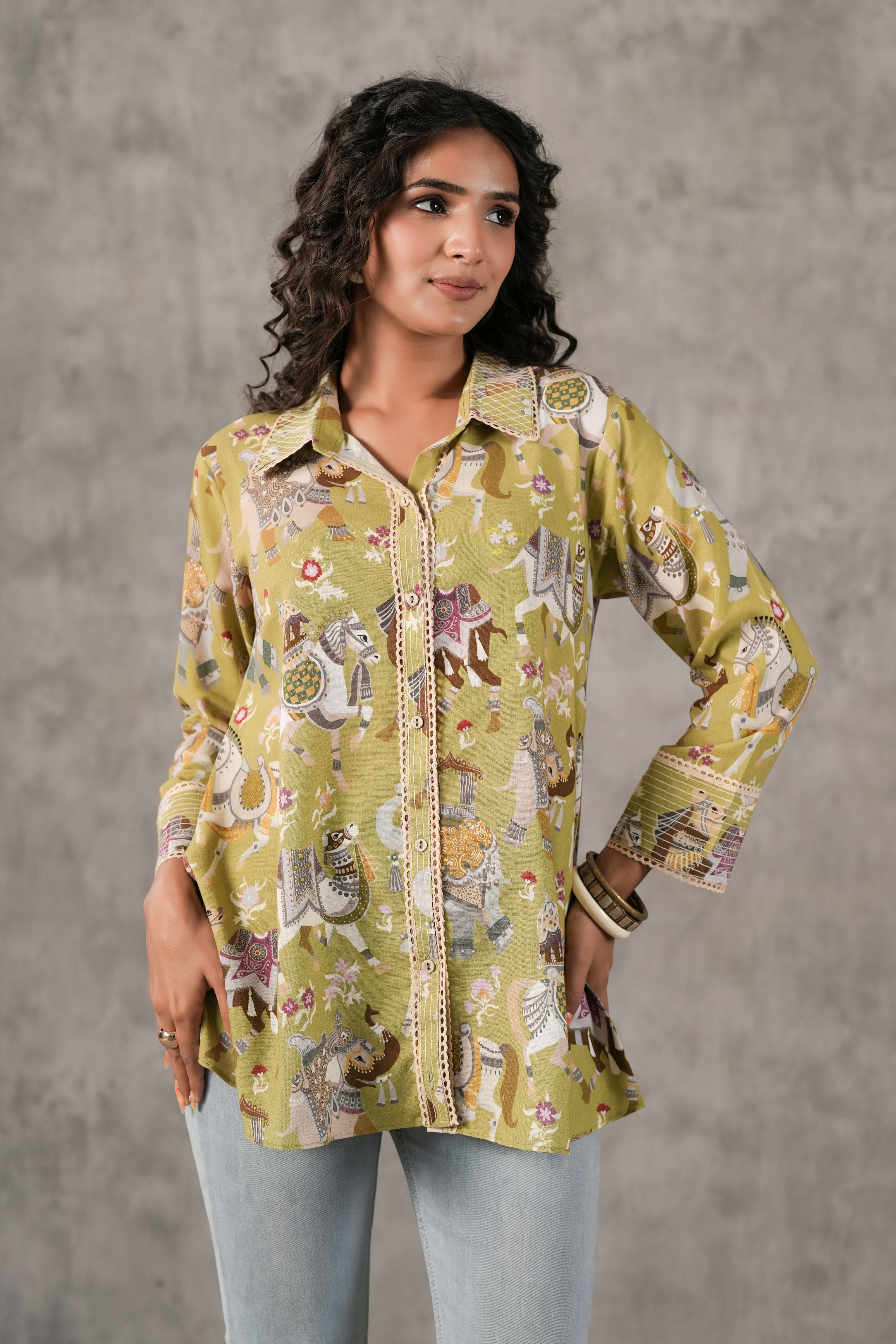 Pastel Green Printed Linen Shirt