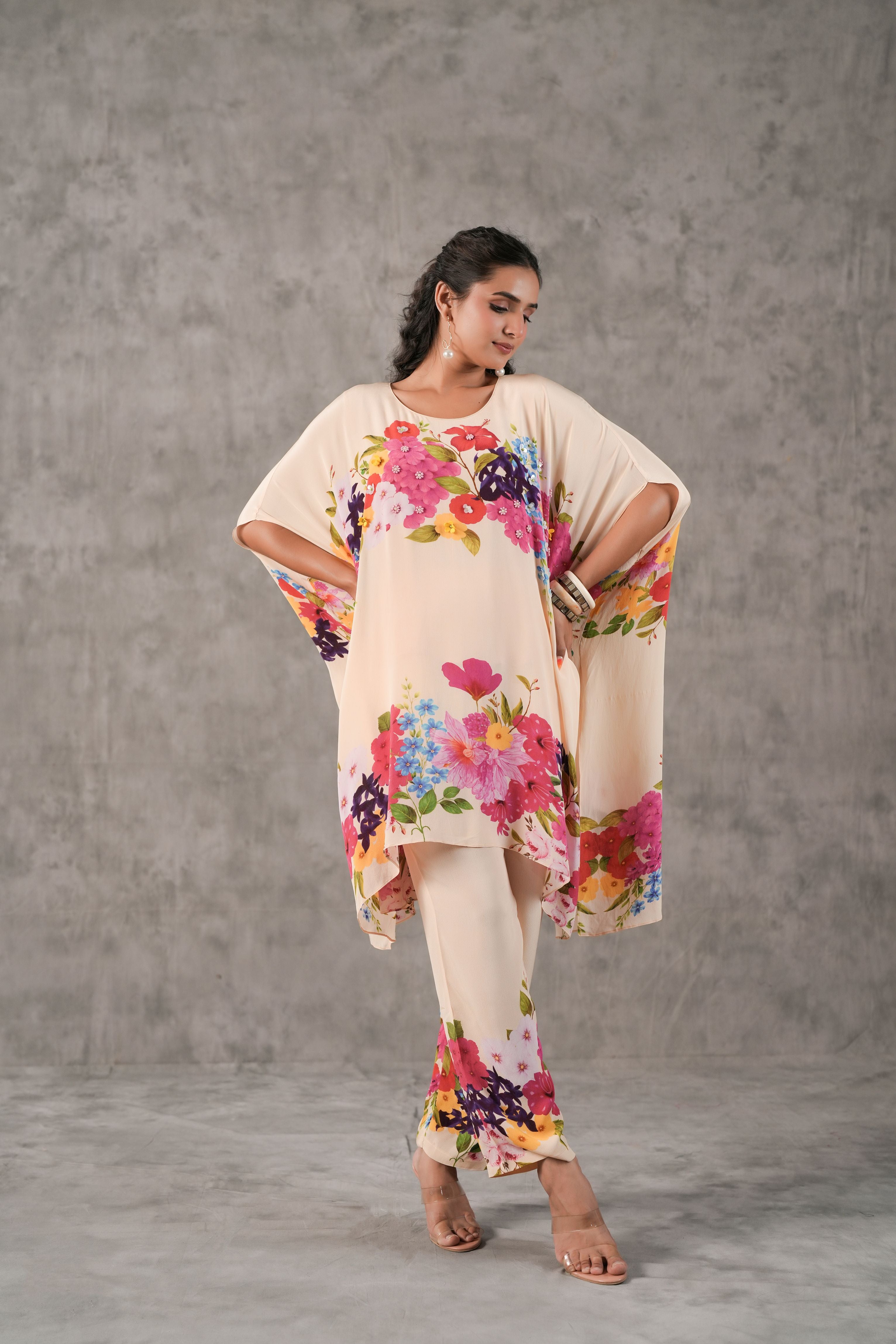 Flower Beige Printed Crepe Silk Kaftan Set