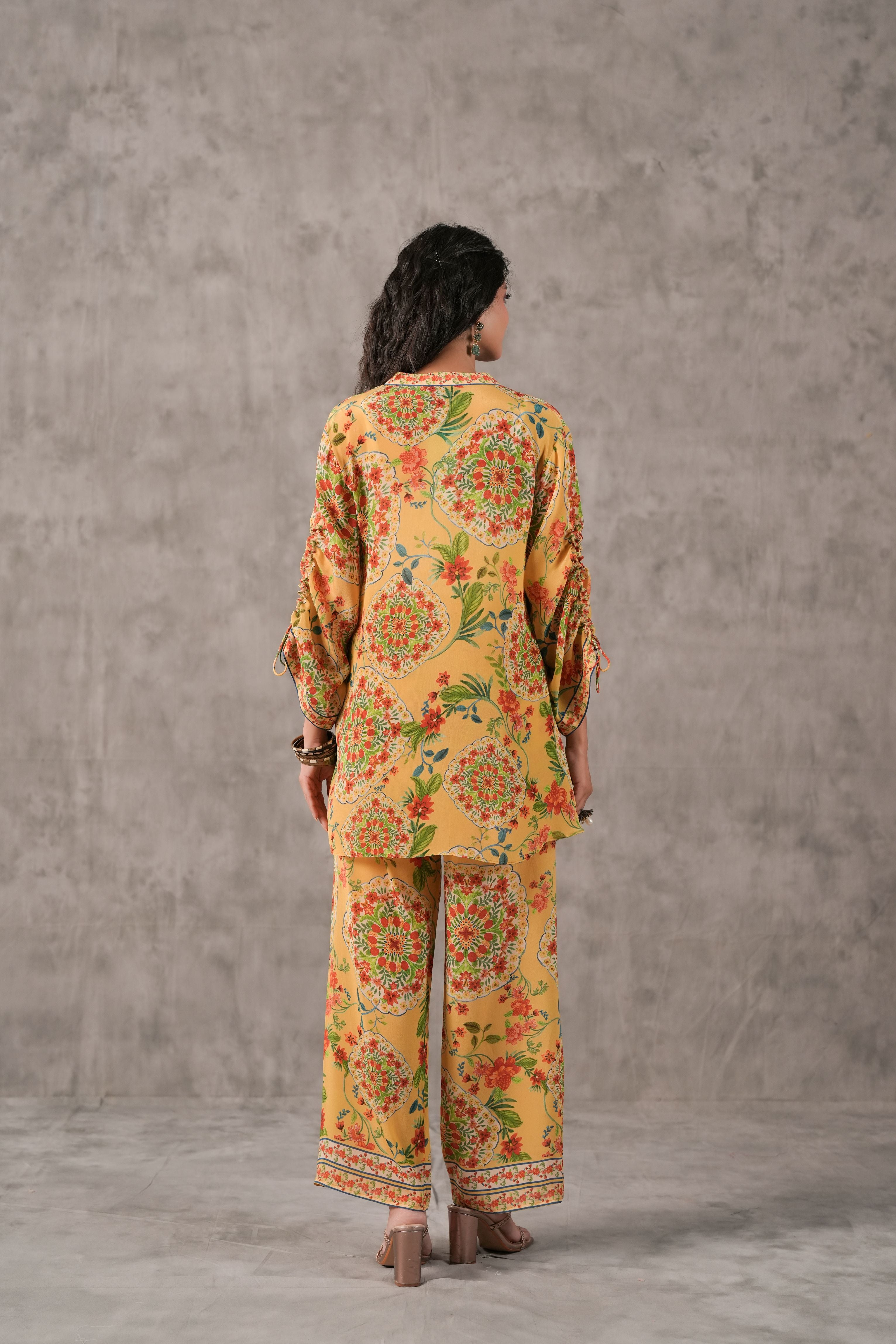 Pale Yellow Printed Crepe Silk Co-Ord Set