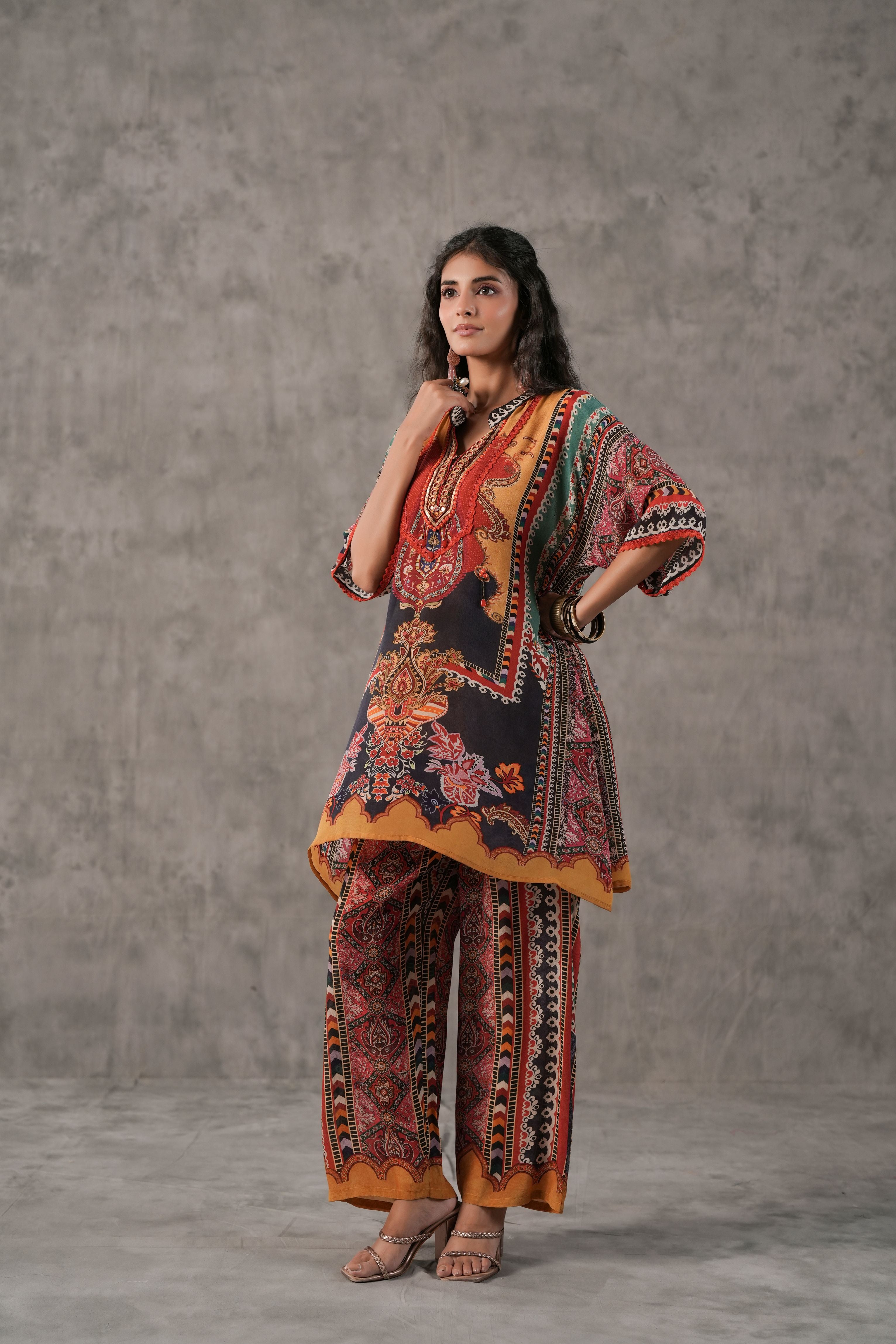 Traditional Rust Embelllished Crepe Silk Co-Ord Set