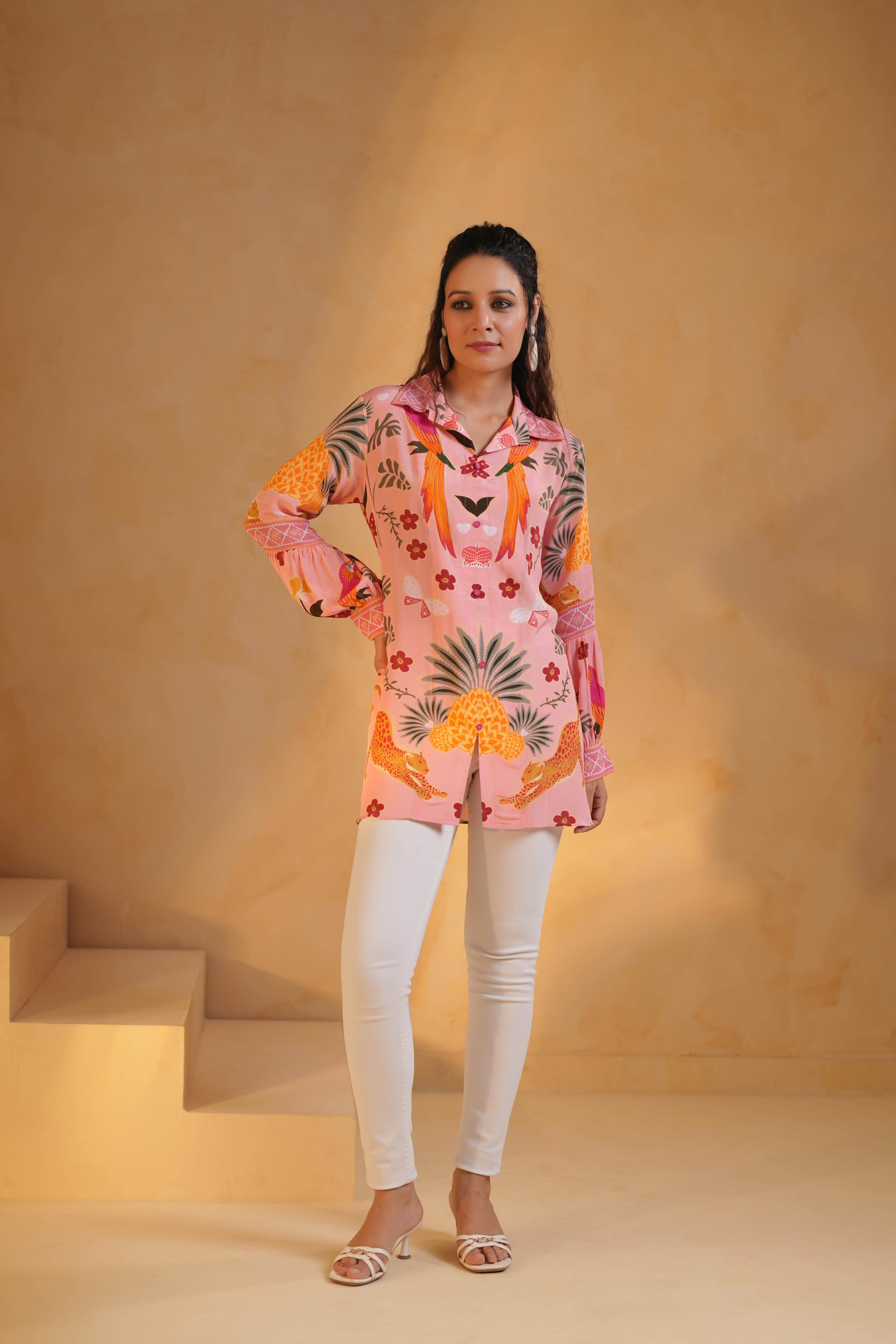 Pastel Pink Printed Crepe Silk Top