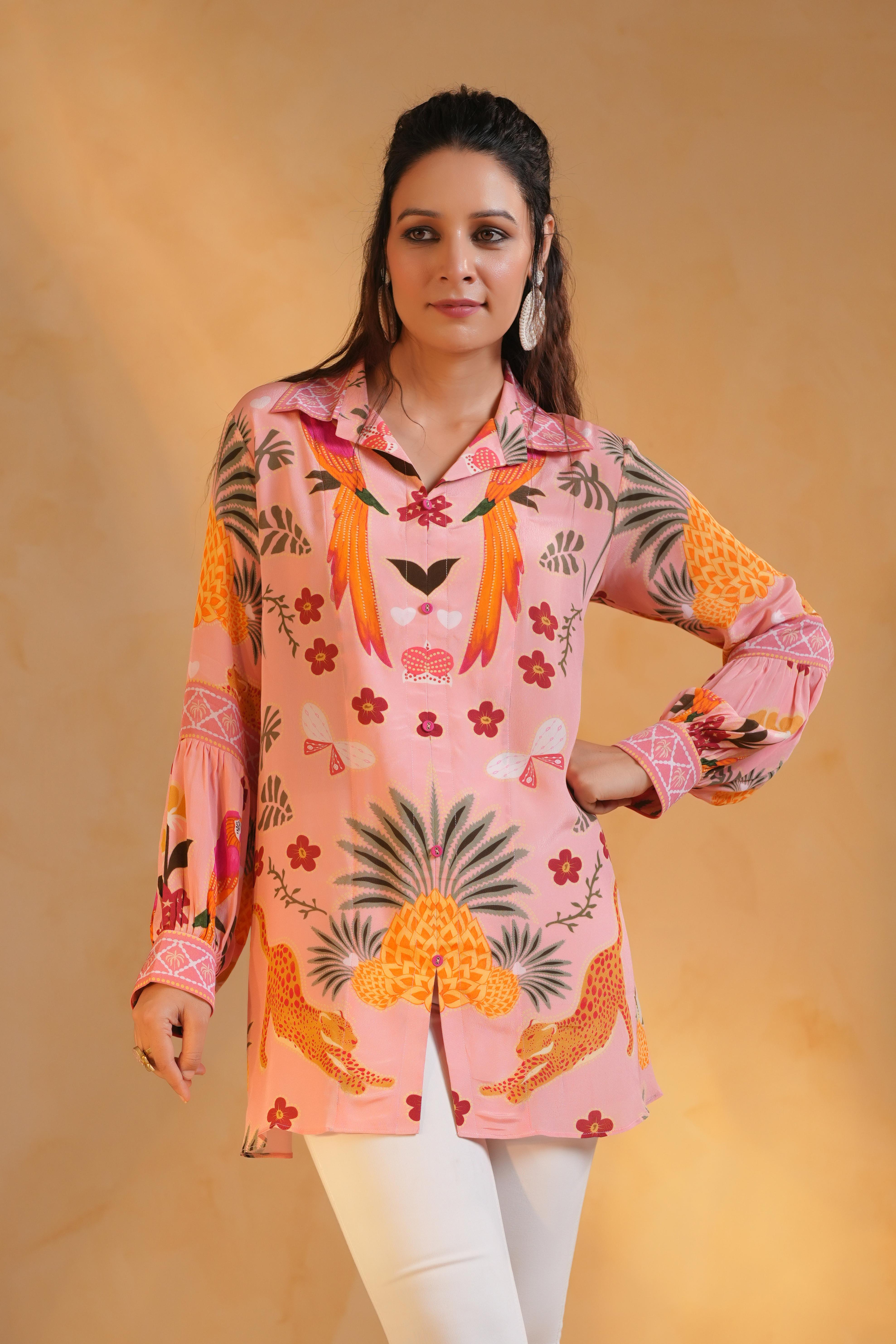 Pastel Pink Printed Crepe Silk Top