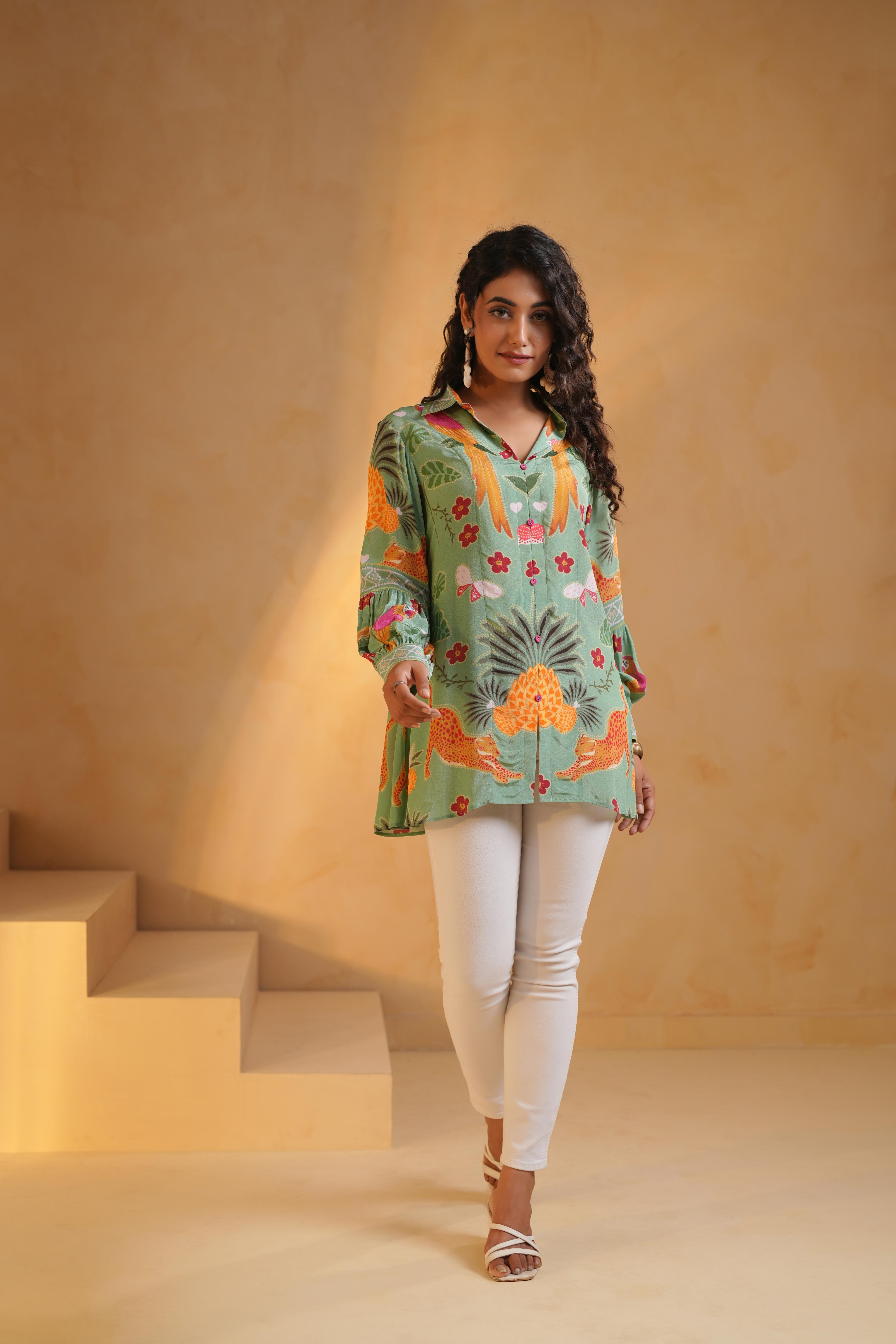 Sage Green Printed Crepe Silk Top