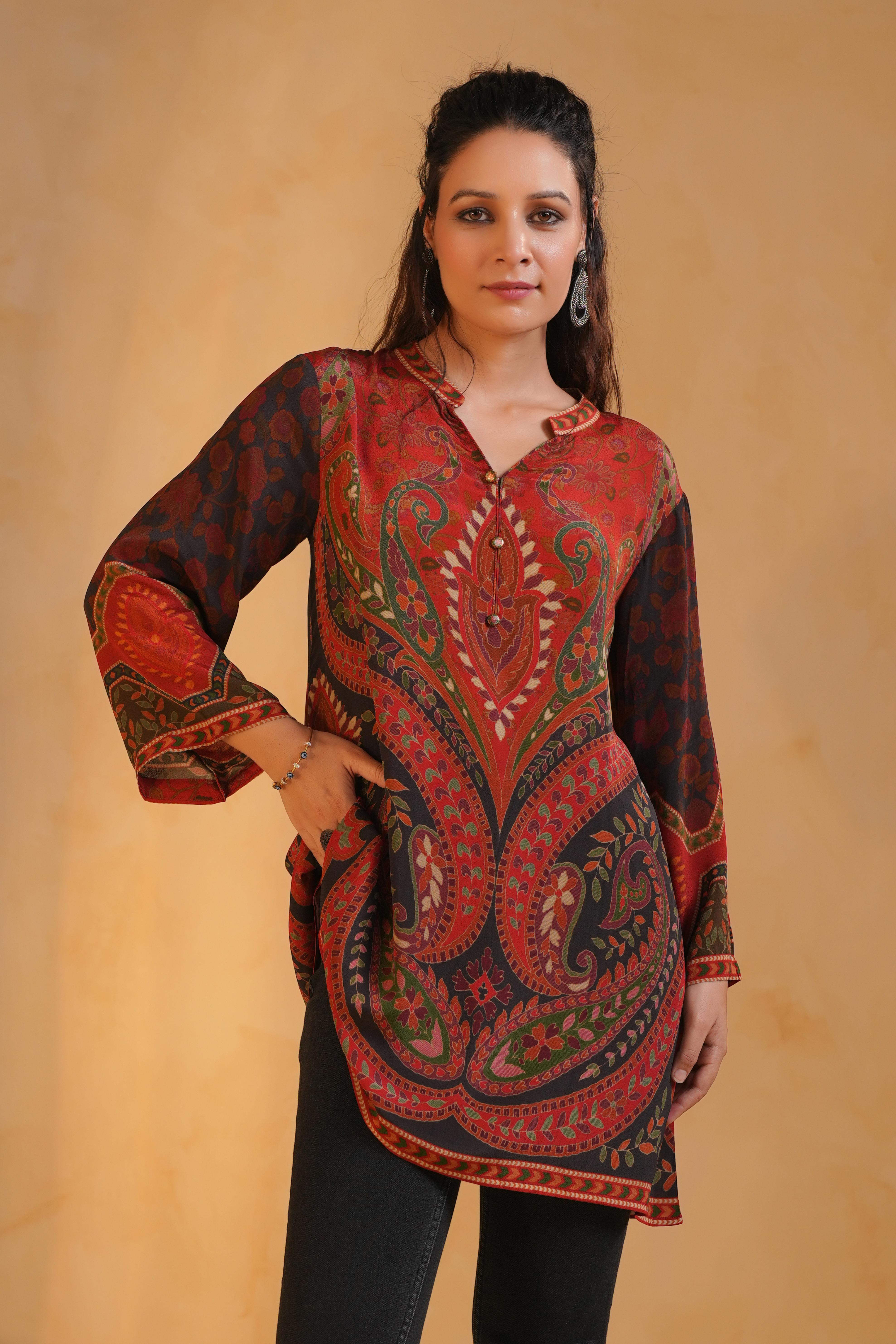 Rust Red Printed Crepe Silk Top