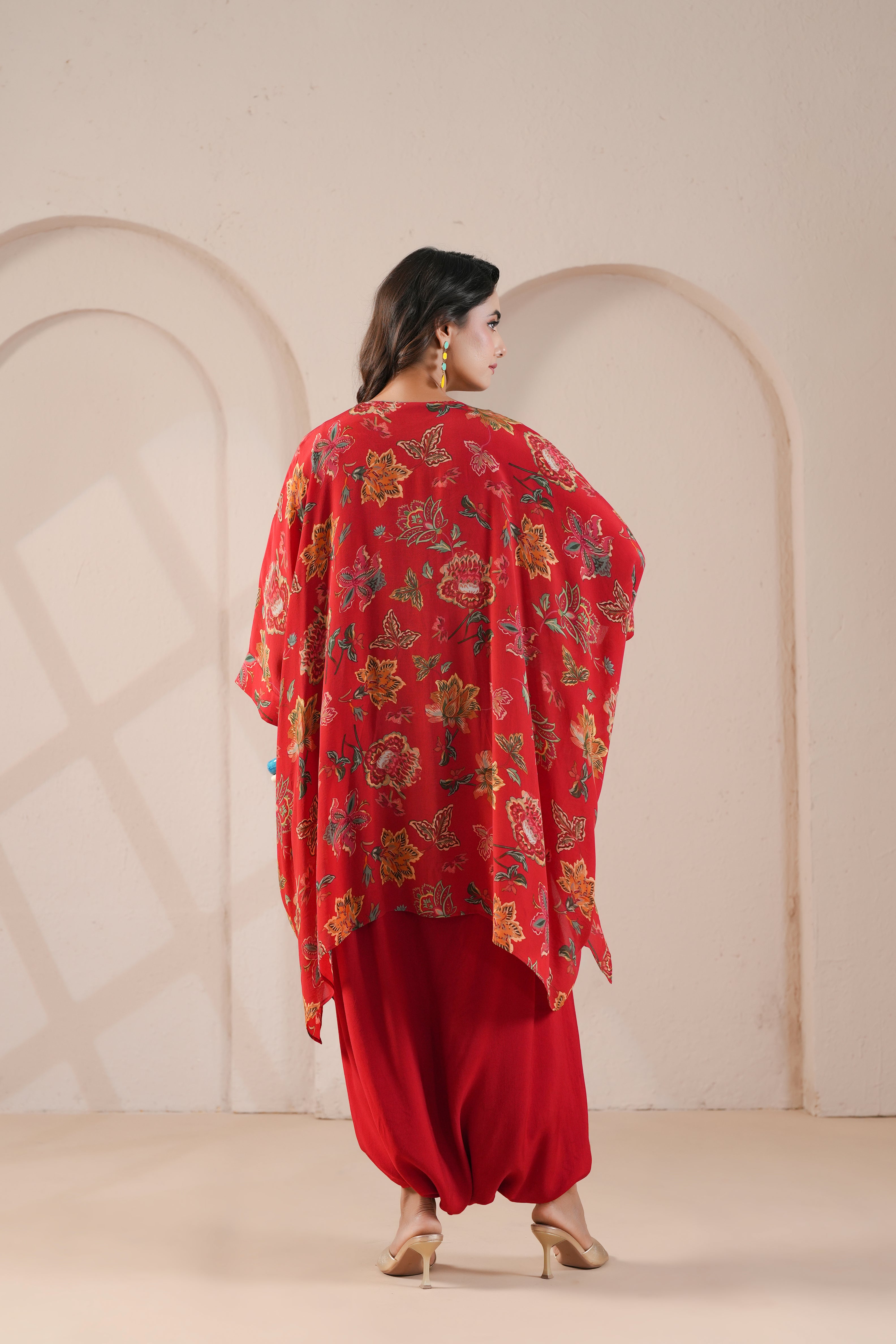 Crimson Red Printed Viscose Crepe Silk Dhoti Set