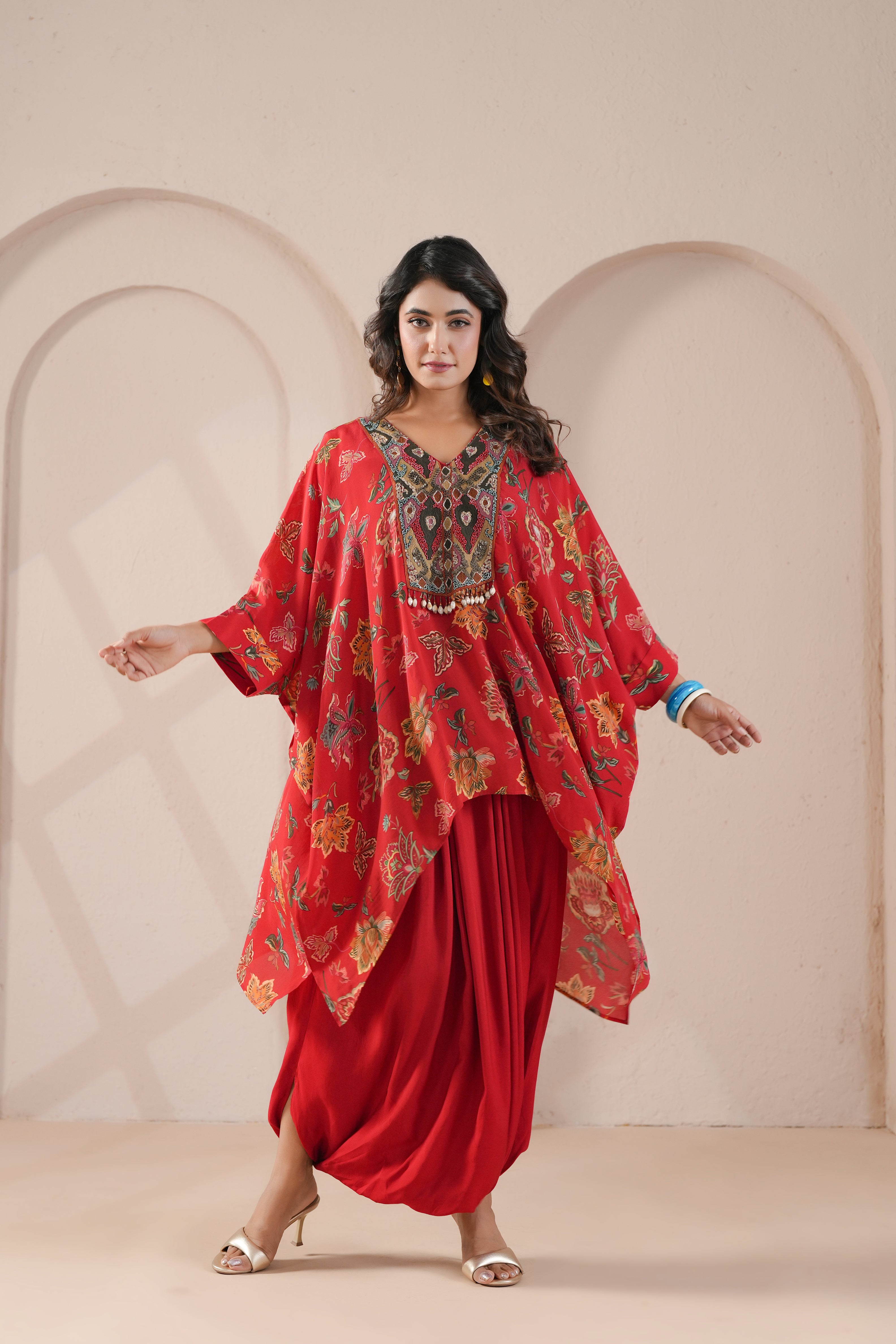 Crimson Red Printed Viscose Crepe Silk Dhoti Set