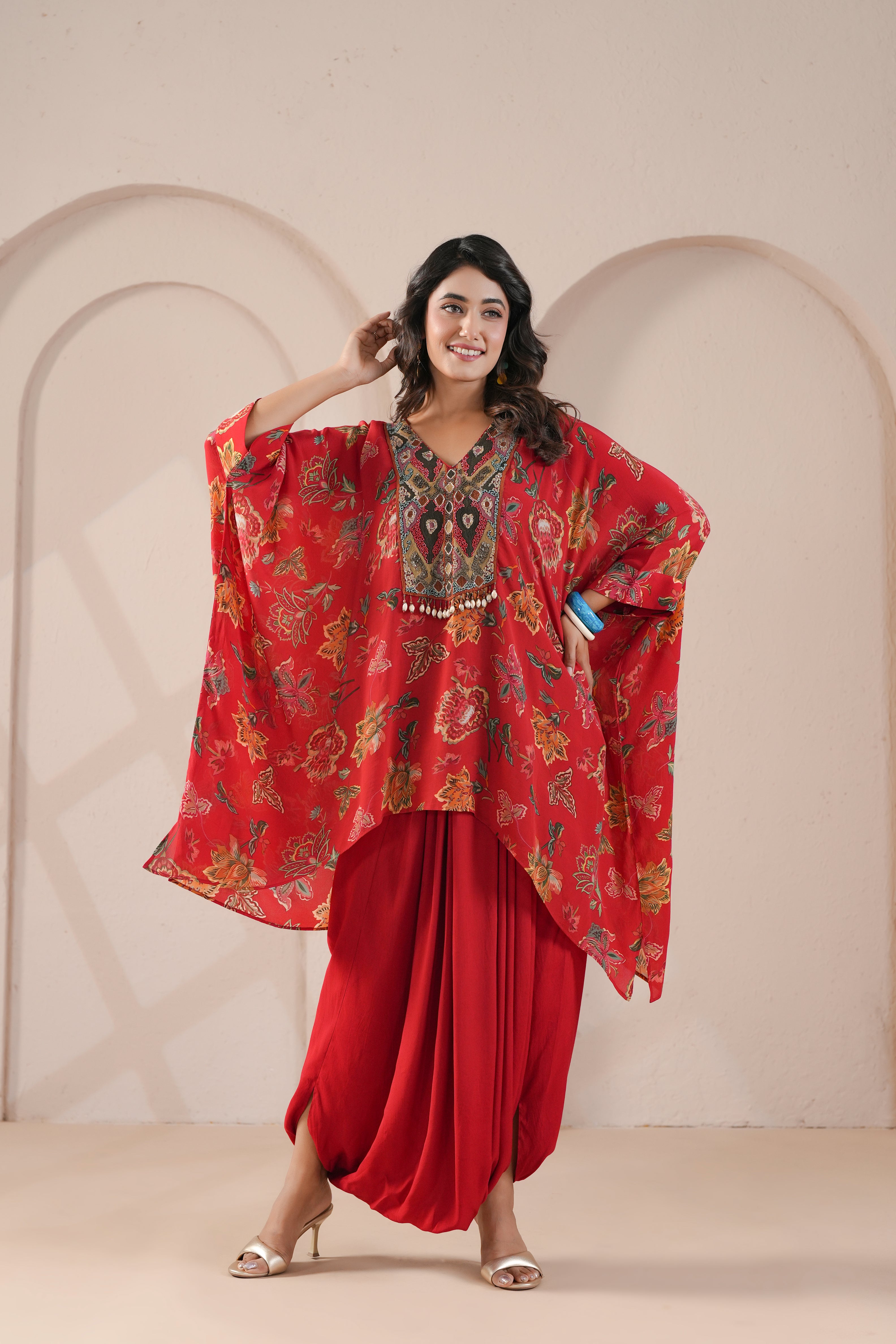 Crimson Red Printed Viscose Crepe Silk Dhoti Set