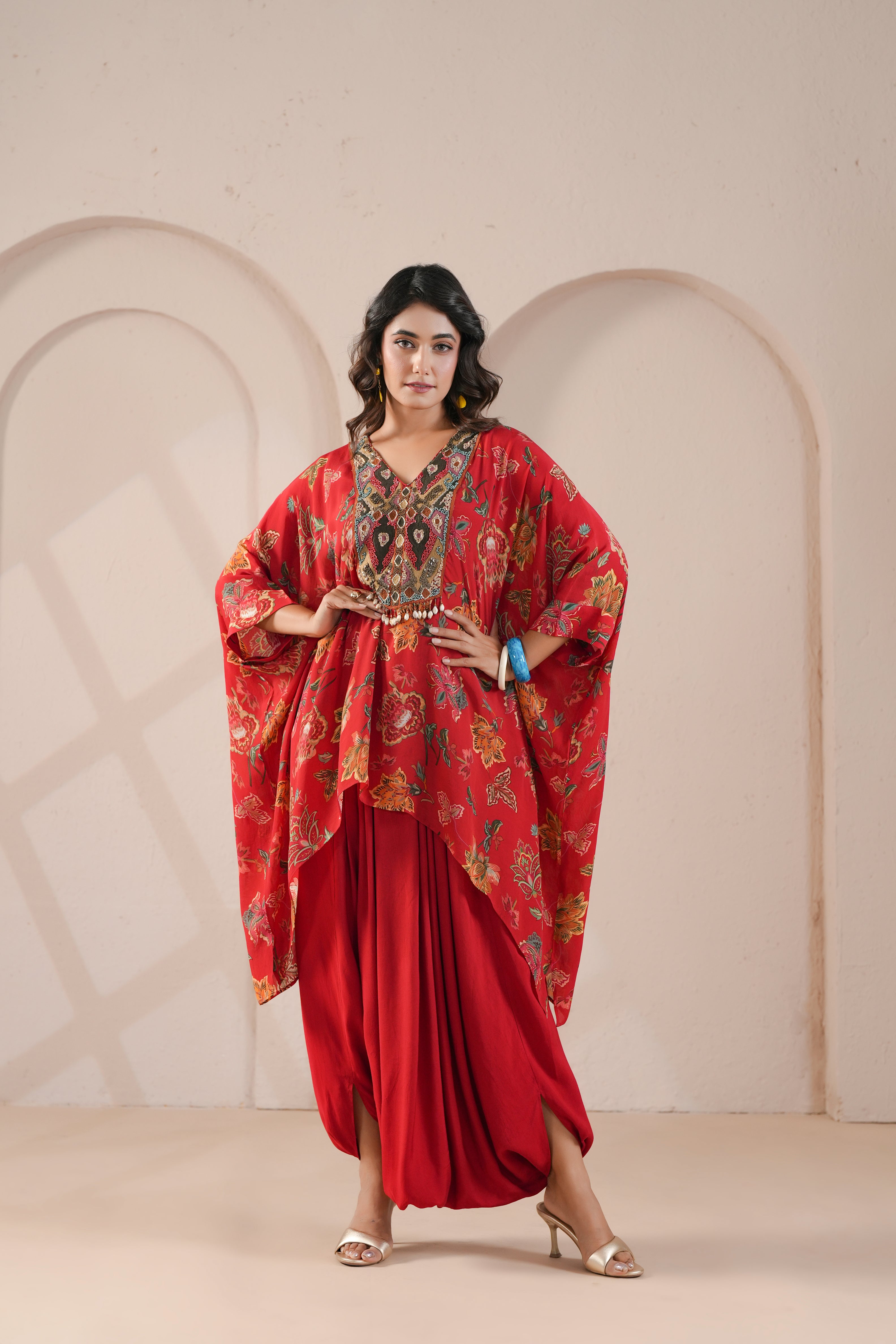 Crimson Red Printed Viscose Crepe Silk Dhoti Set