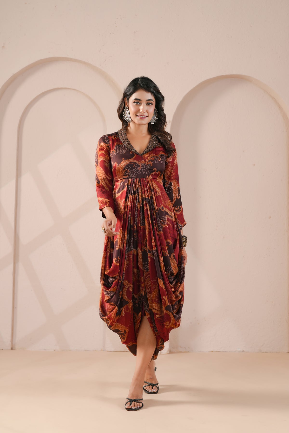 Maroon Paisley Printed Modal Silk Dress