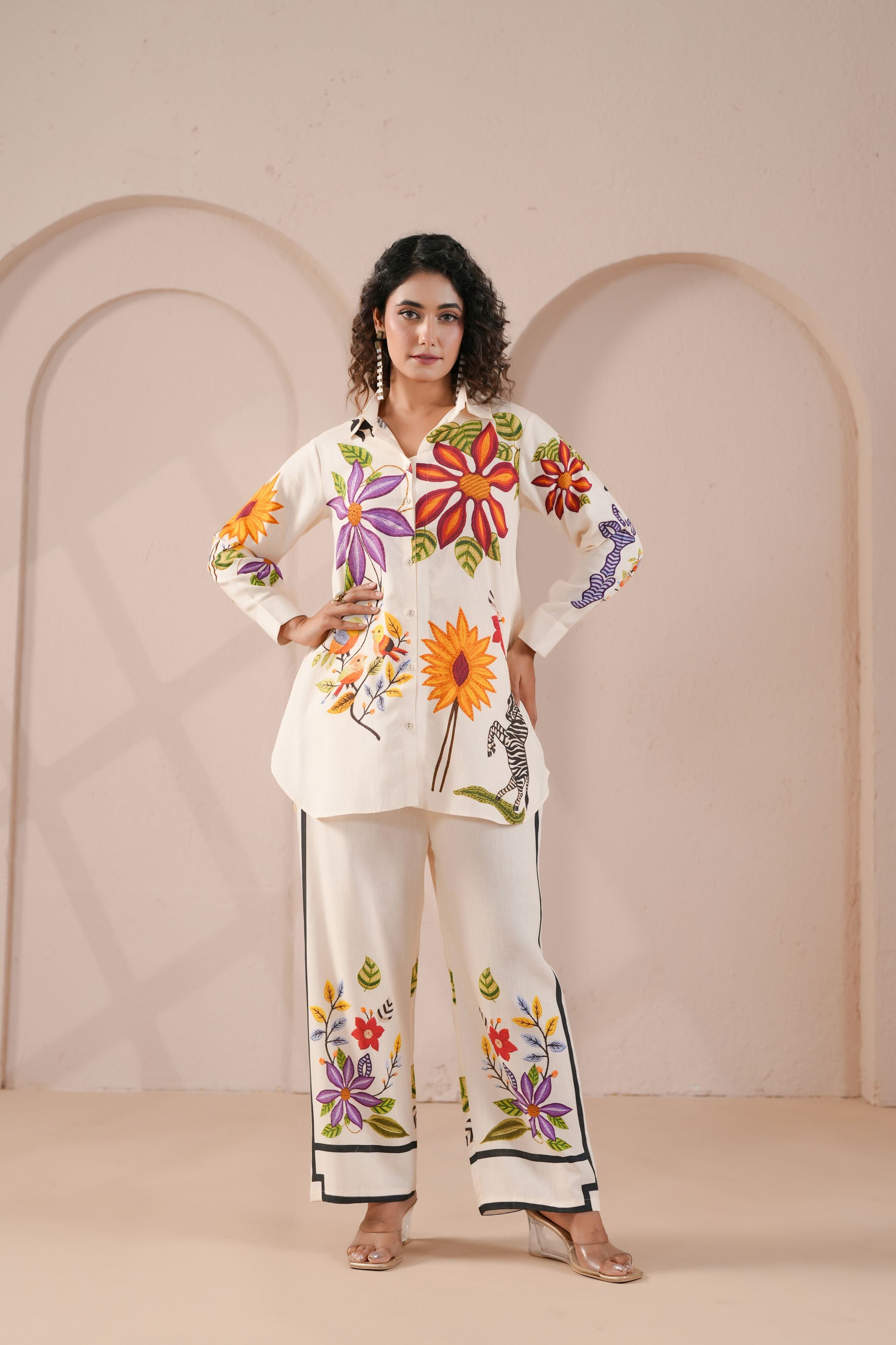 Porcelain White Embroidered Linen Co-Ord Set