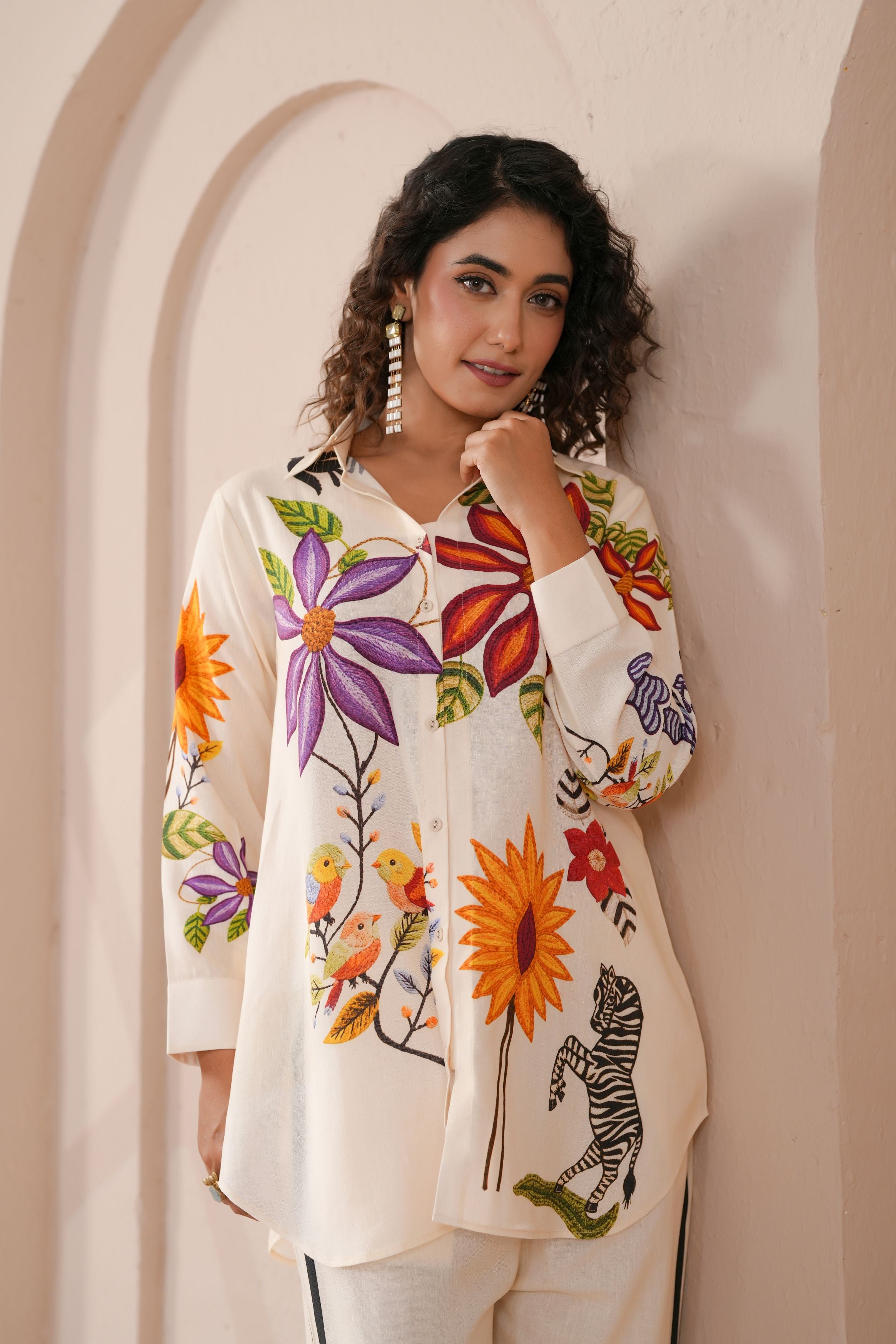 Porcelain White Embroidered Linen Co-Ord Set