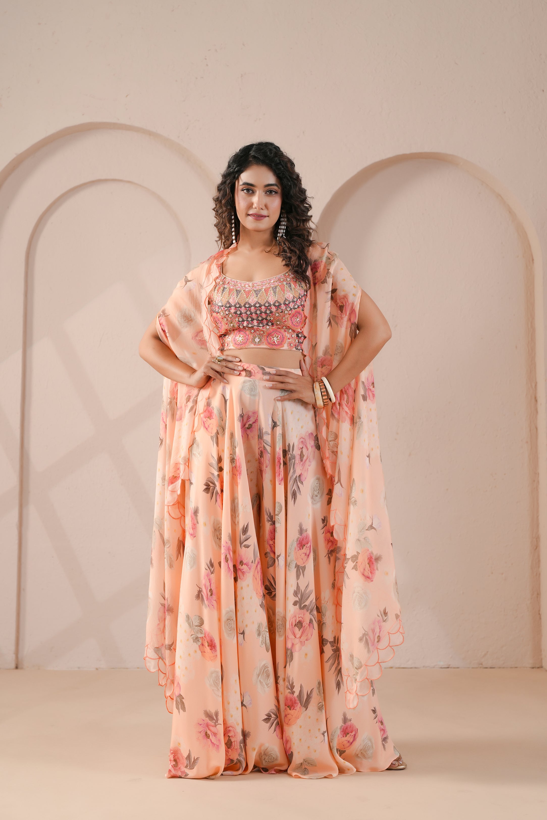 Coral Embellished Crepe Silk Cape Set