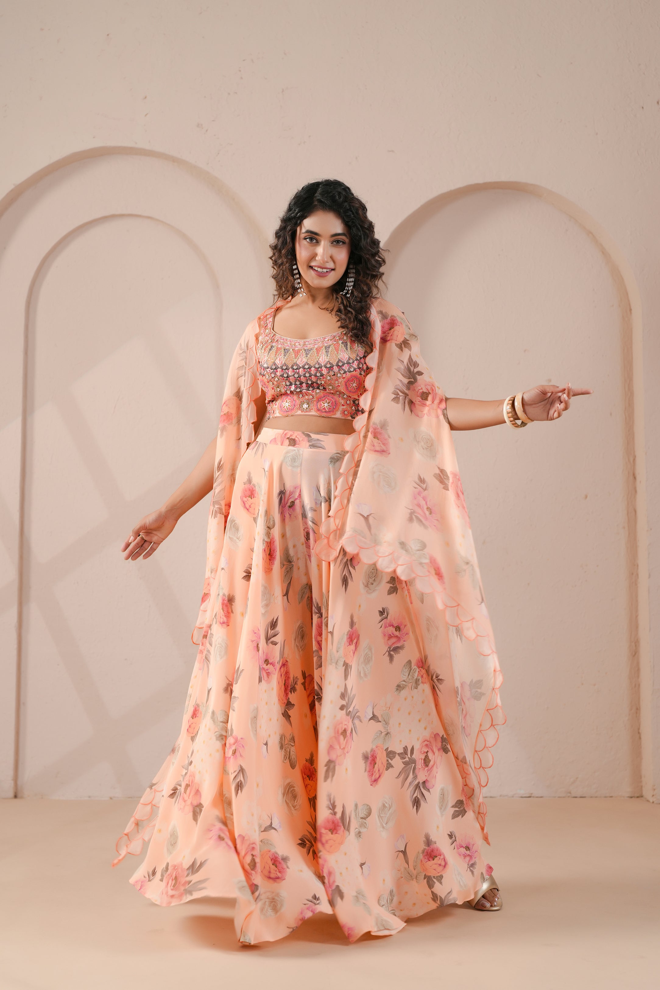 Coral Embellished Crepe Silk Cape Set
