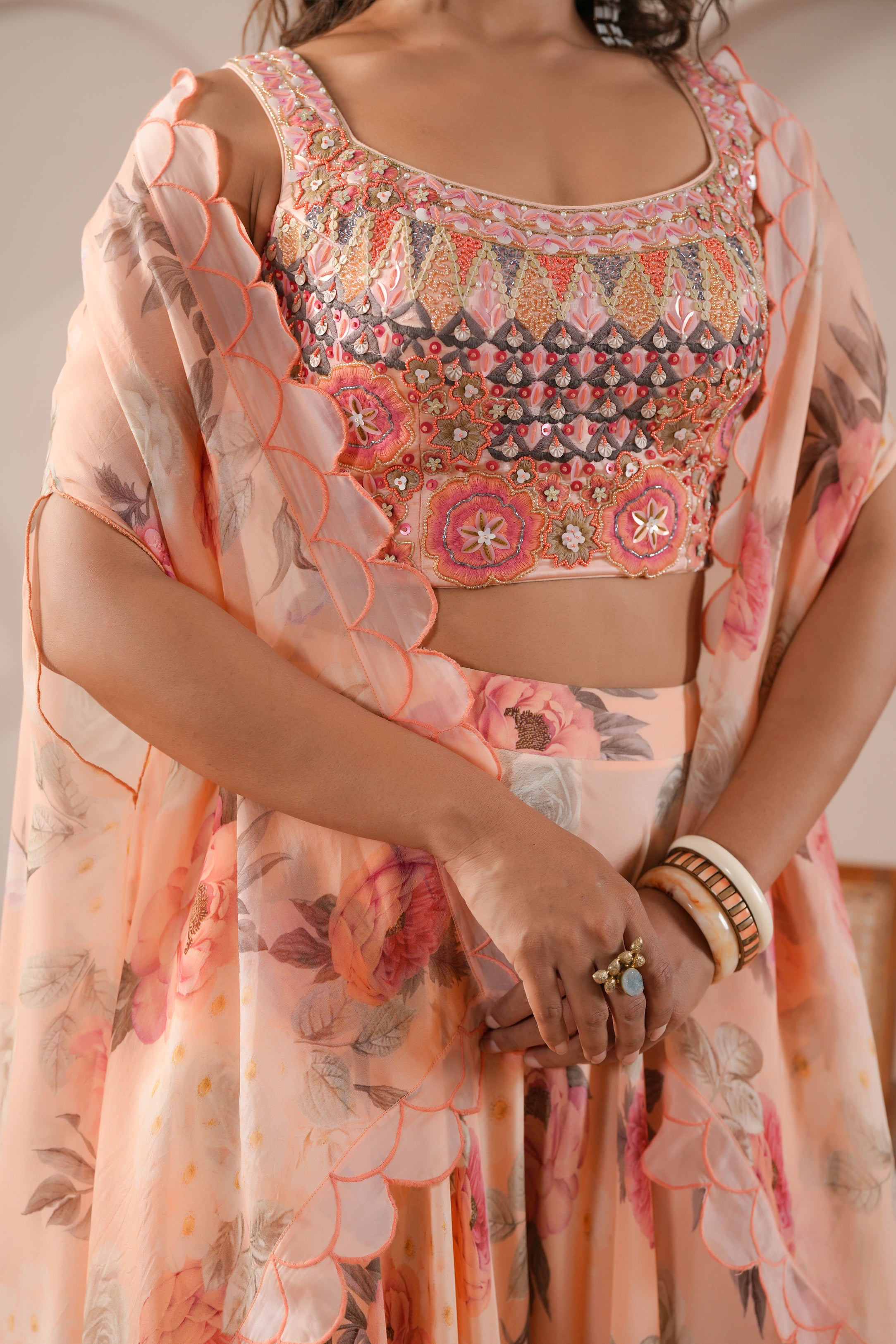 Coral Embellished Crepe Silk Cape Set