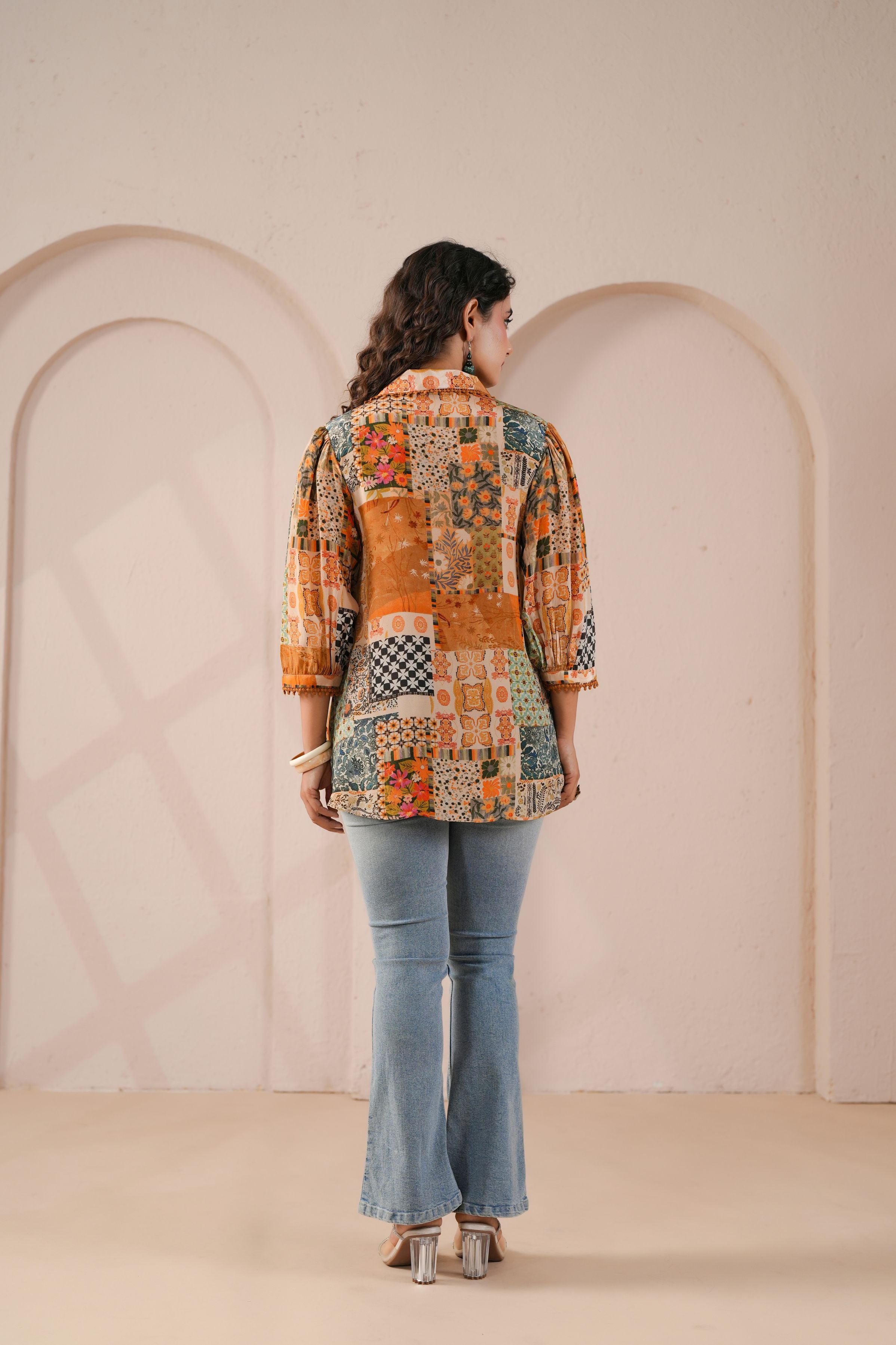 Orange Rust Printed Crepe Silk Shirt