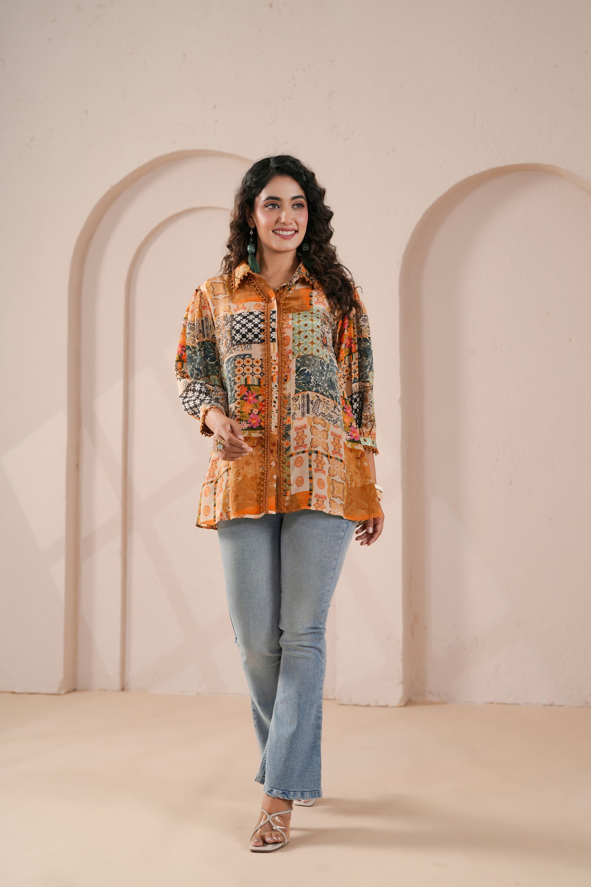 Orange Rust Printed Crepe Silk Shirt