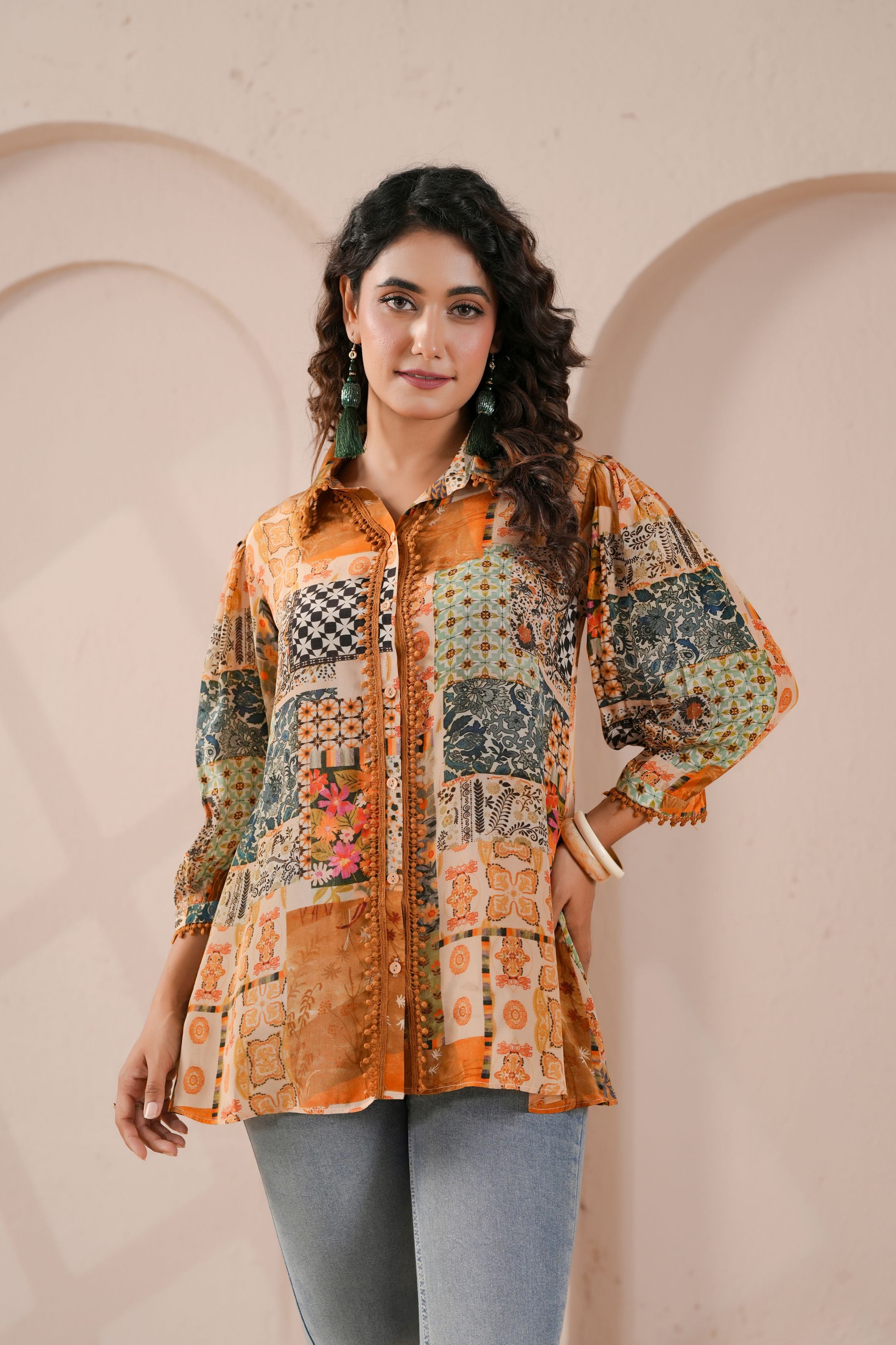 Orange Rust Printed Crepe Silk Shirt