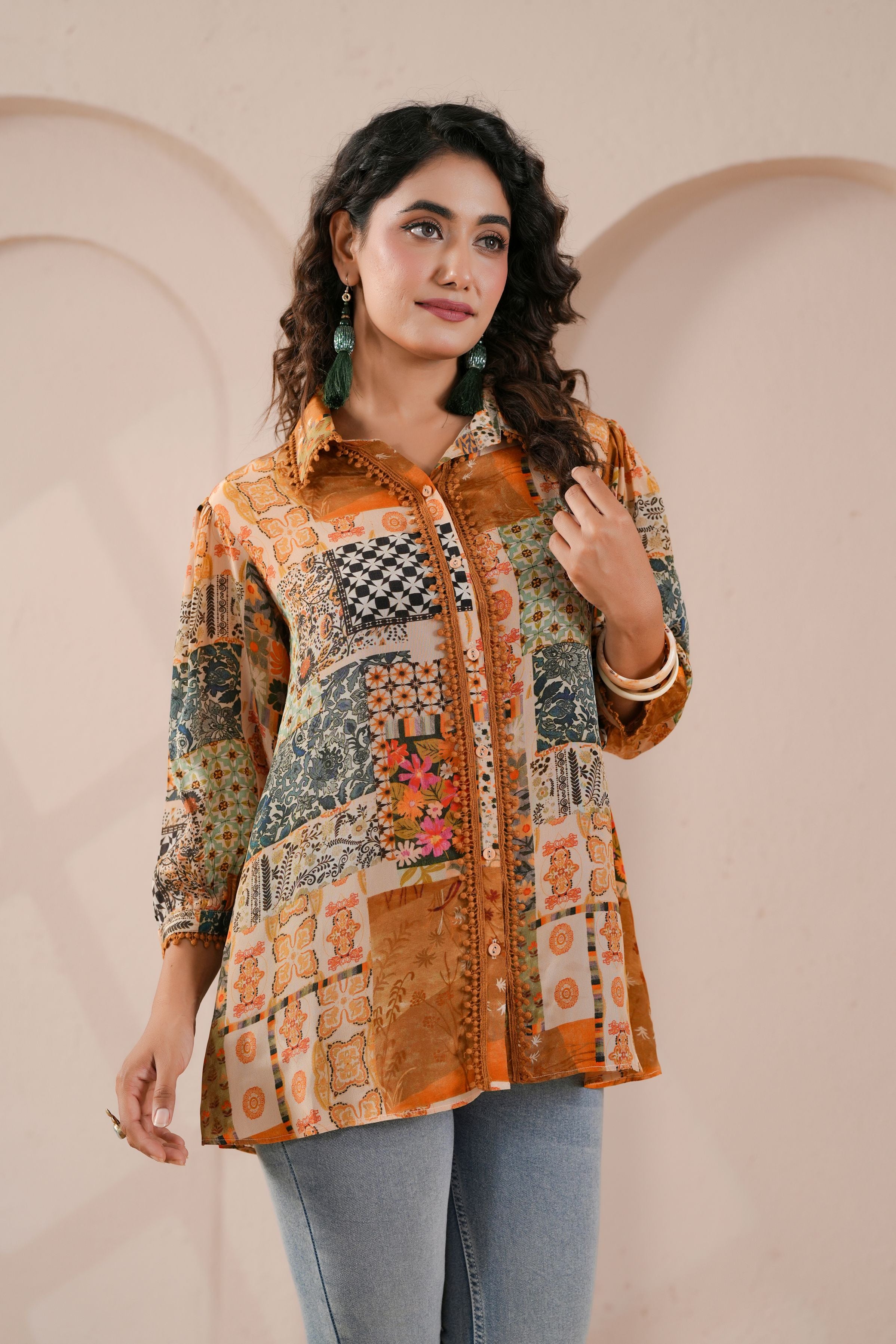 Orange Rust Printed Crepe Silk Shirt