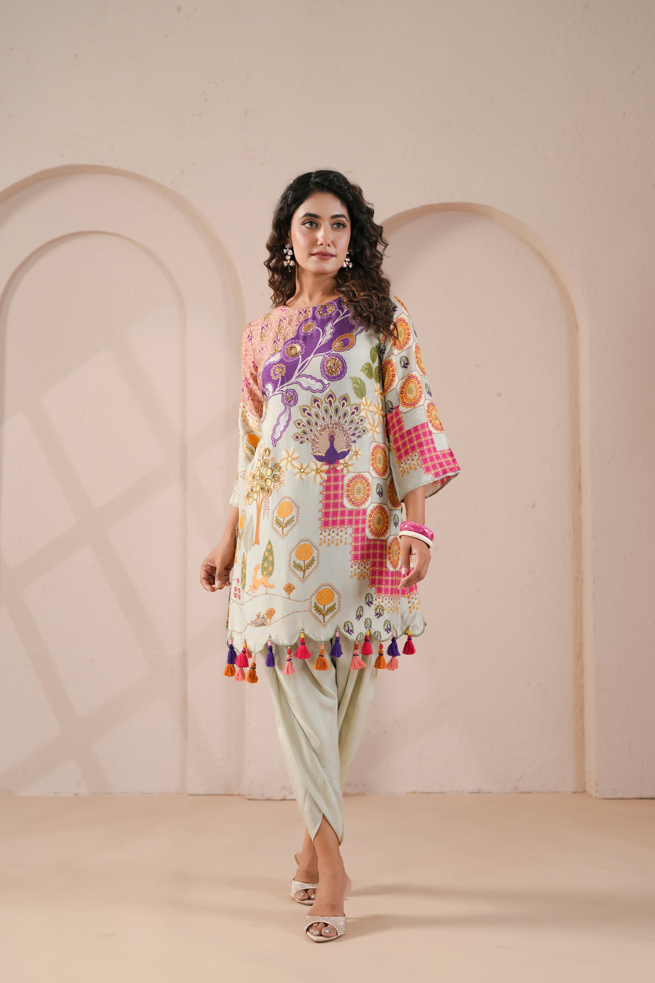 Peacock Forest Printed Dola Silk Co-Ord Set