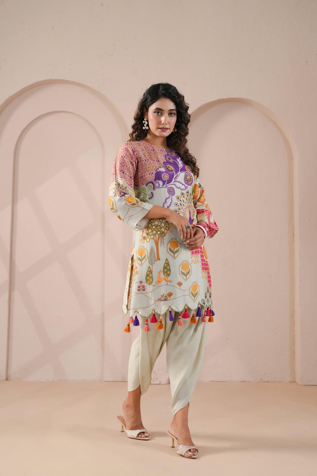 Peacock Forest Printed Dola Silk Co-Ord Set