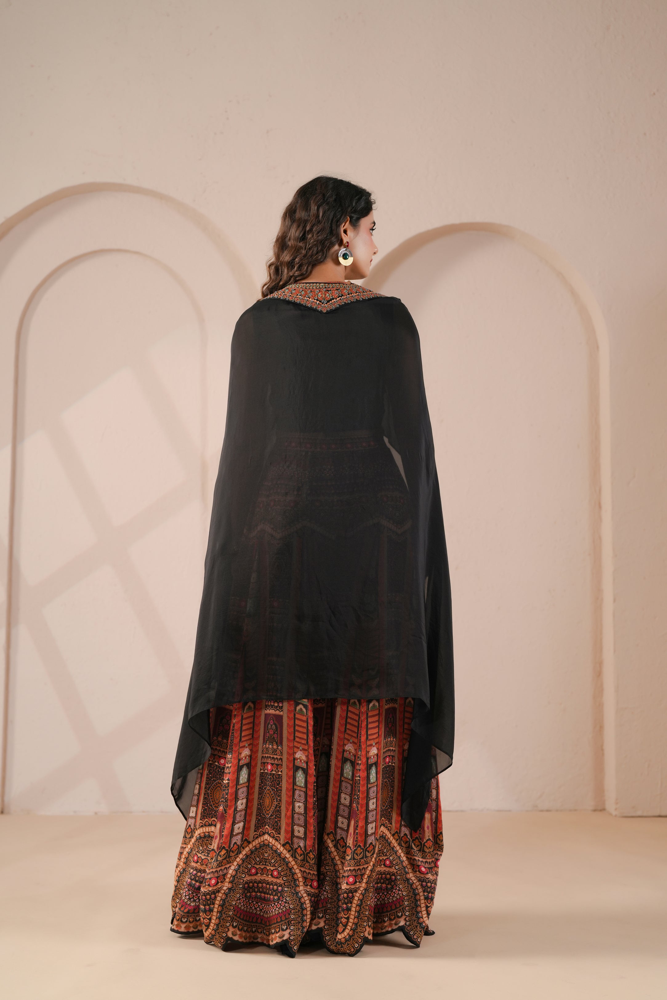 Tribal-Print Embellishede Satin Silk Cape Set