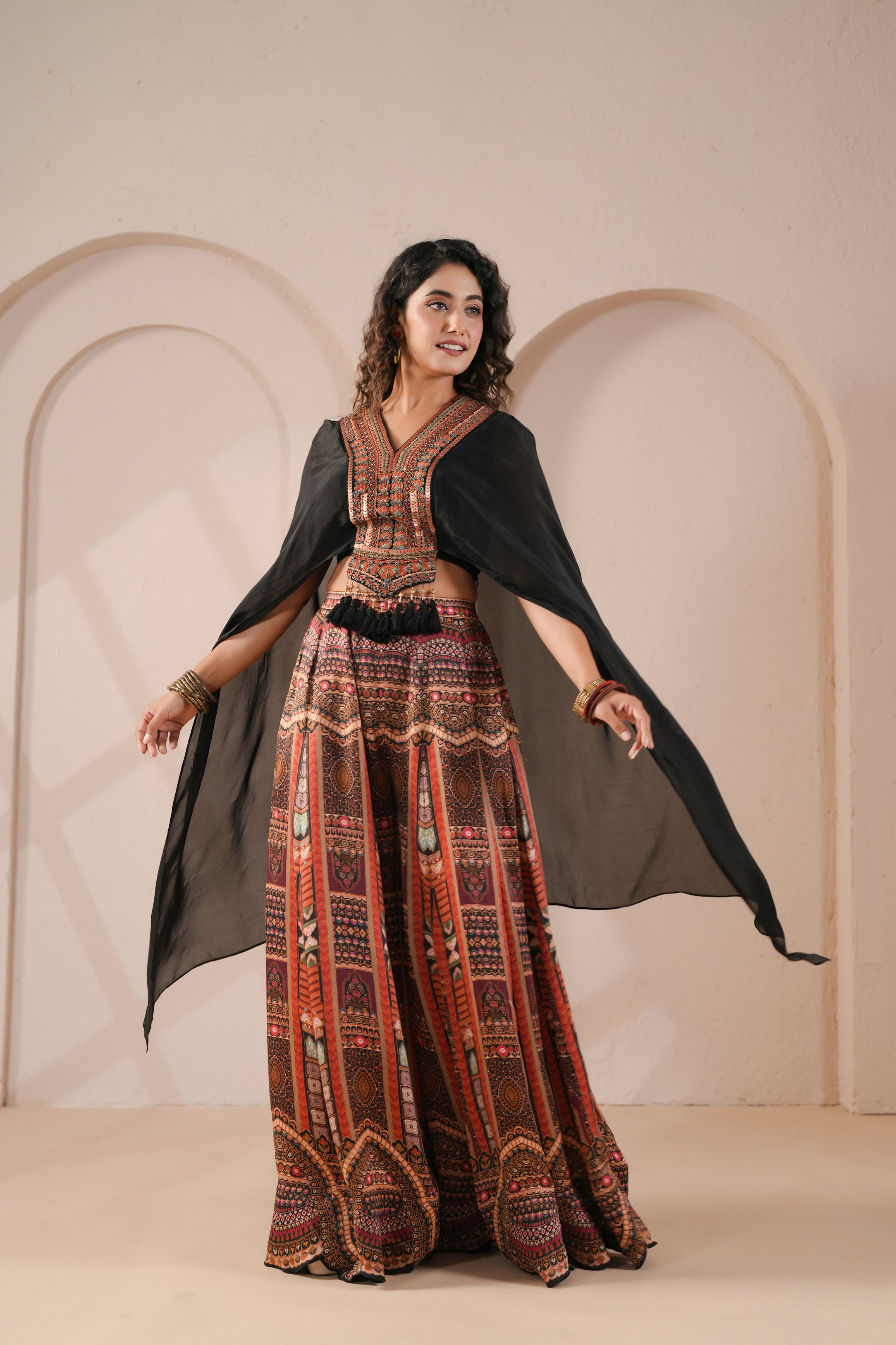 Tribal-Print Embellishede Satin Silk Cape Set