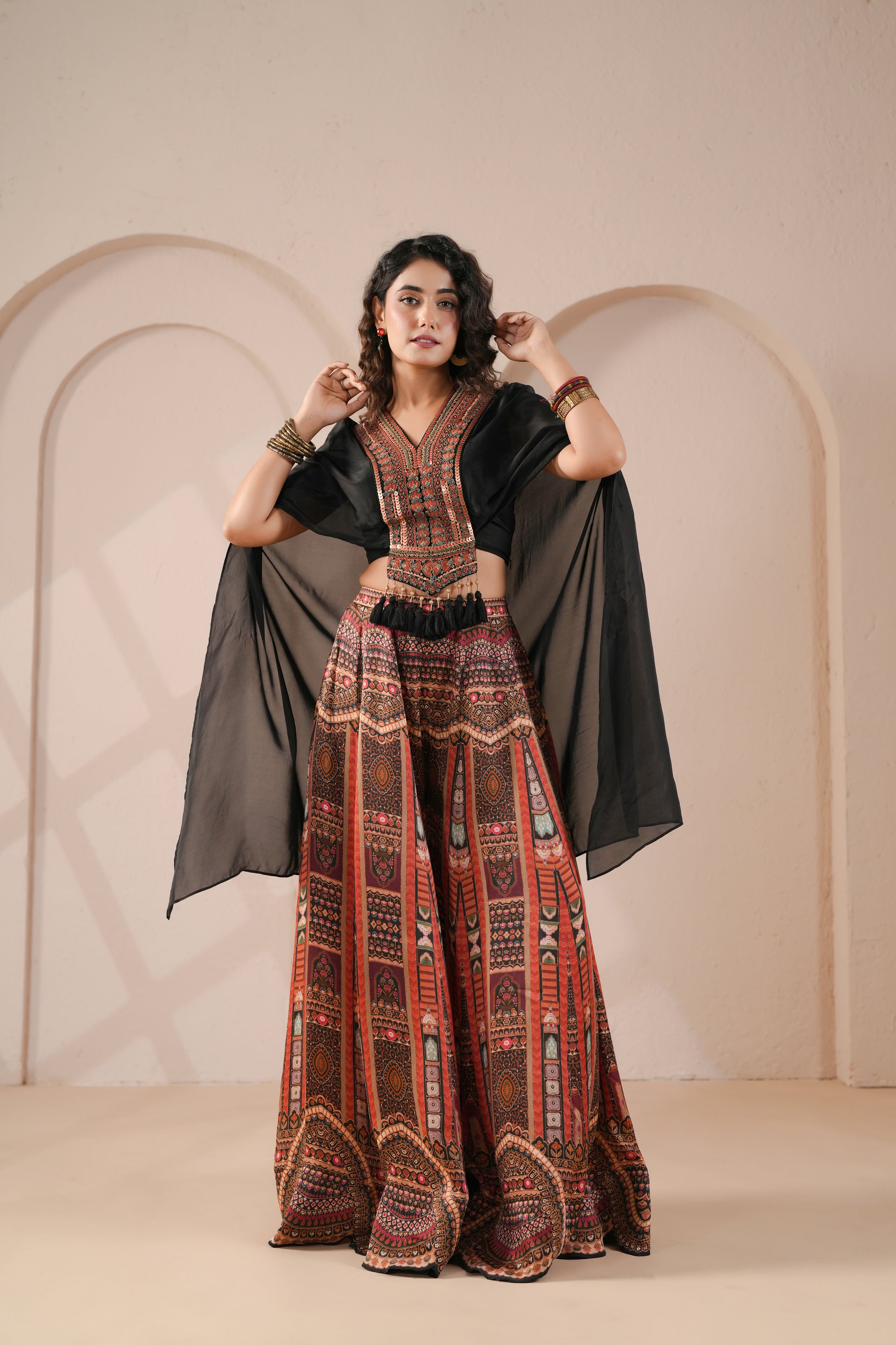 Tribal-Print Embellishede Satin Silk Cape Set