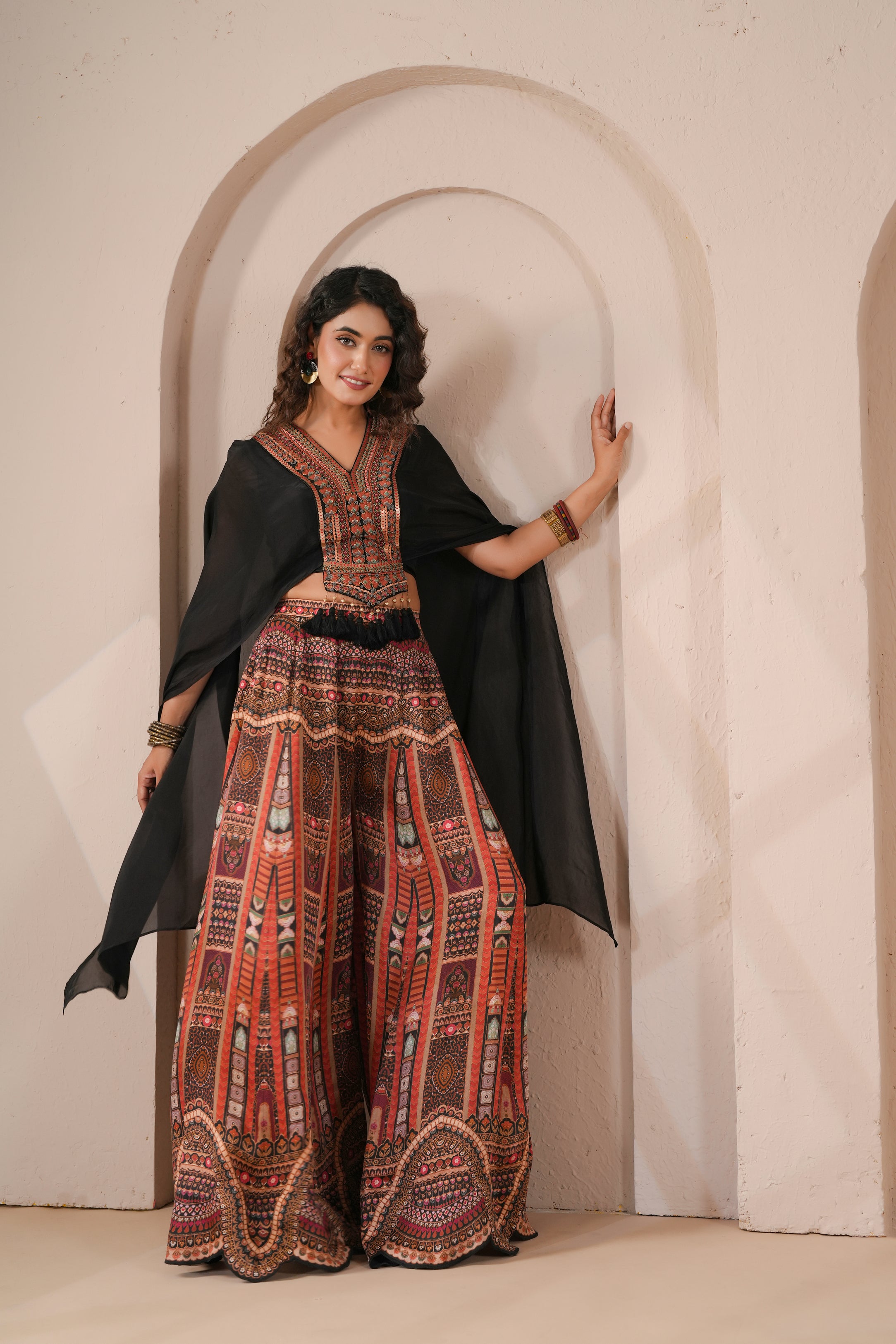 Tribal-Print Embellishede Satin Silk Cape Set
