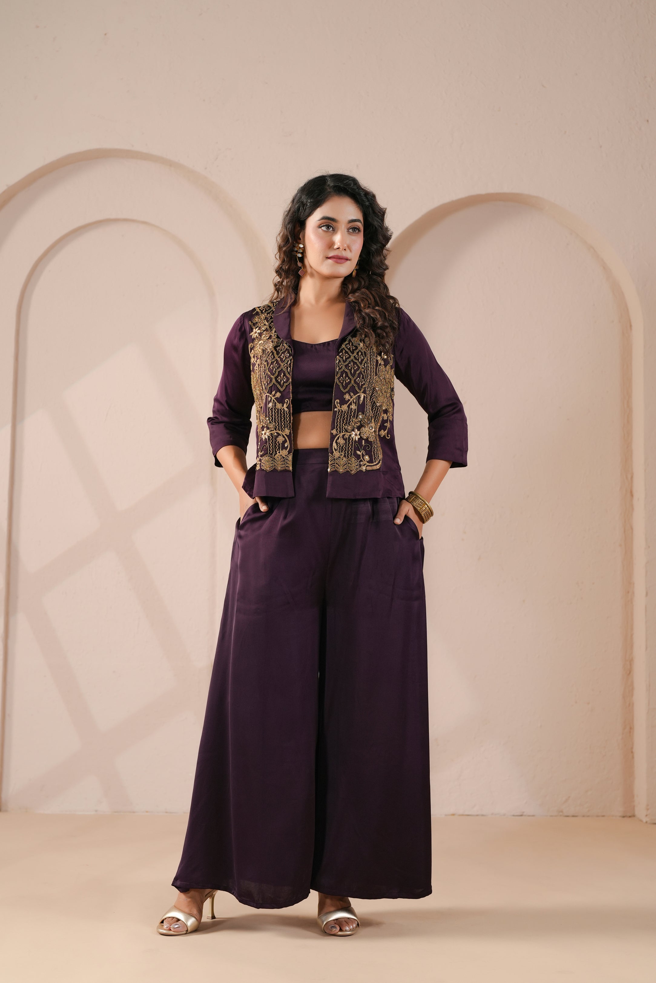 Imperial Purple Embellished Modal Silk Palazzo Set
