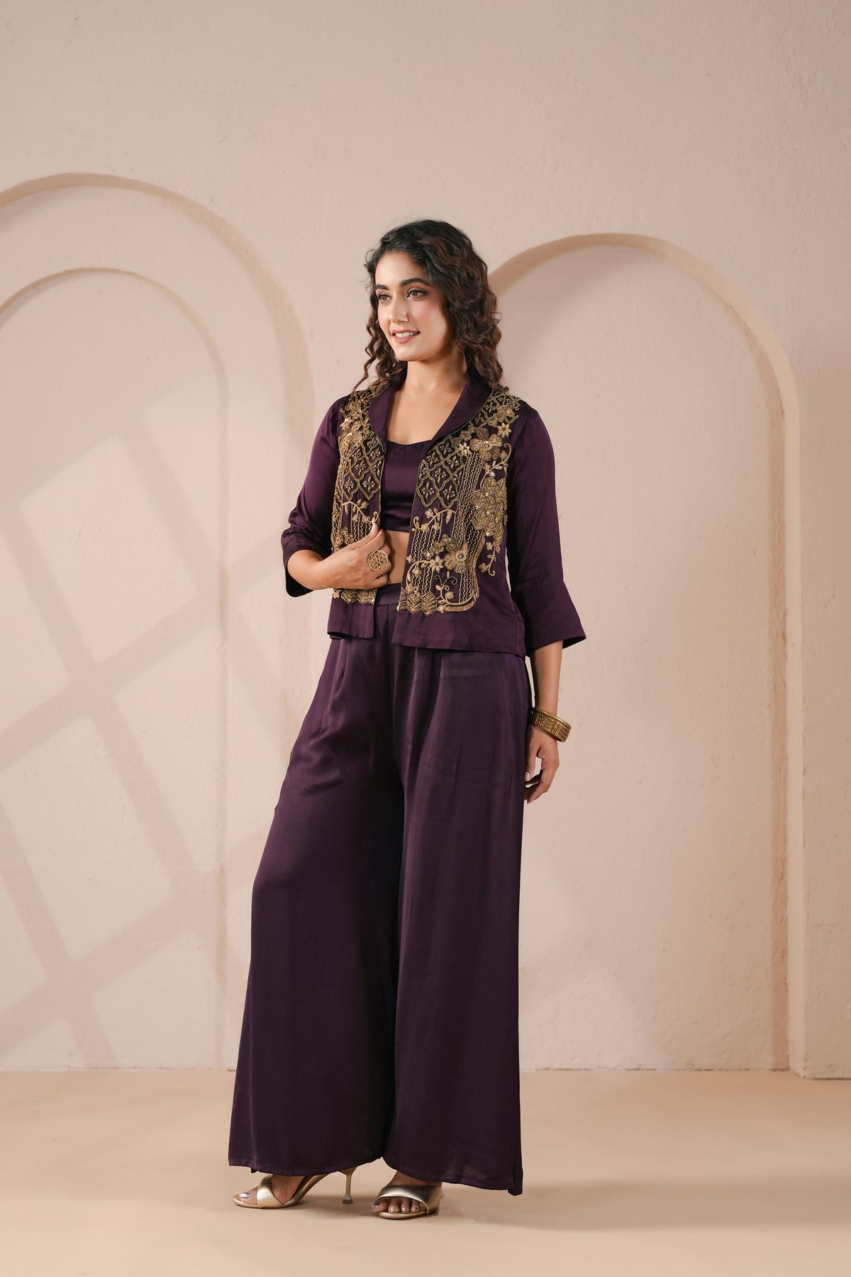 Imperial Purple Embellished Modal Silk Palazzo Set