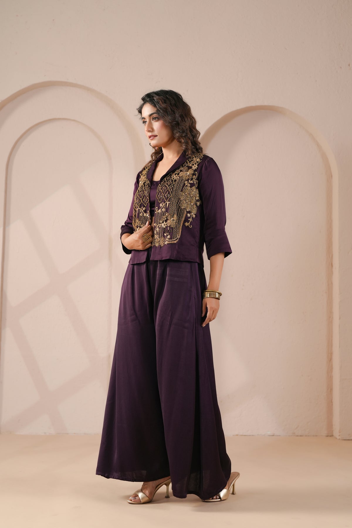Imperial Purple Embellished Modal Silk Palazzo Set