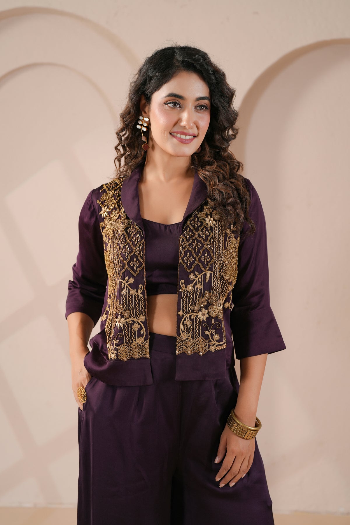 Imperial Purple Embellished Modal Silk Palazzo Set